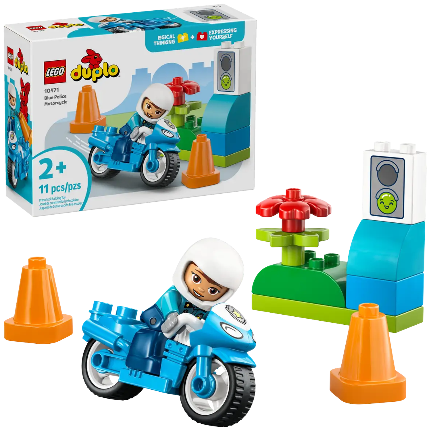 A Lego Duplo set with a blue police motorcycle, a police officer figure, orange cones, and building blocks.