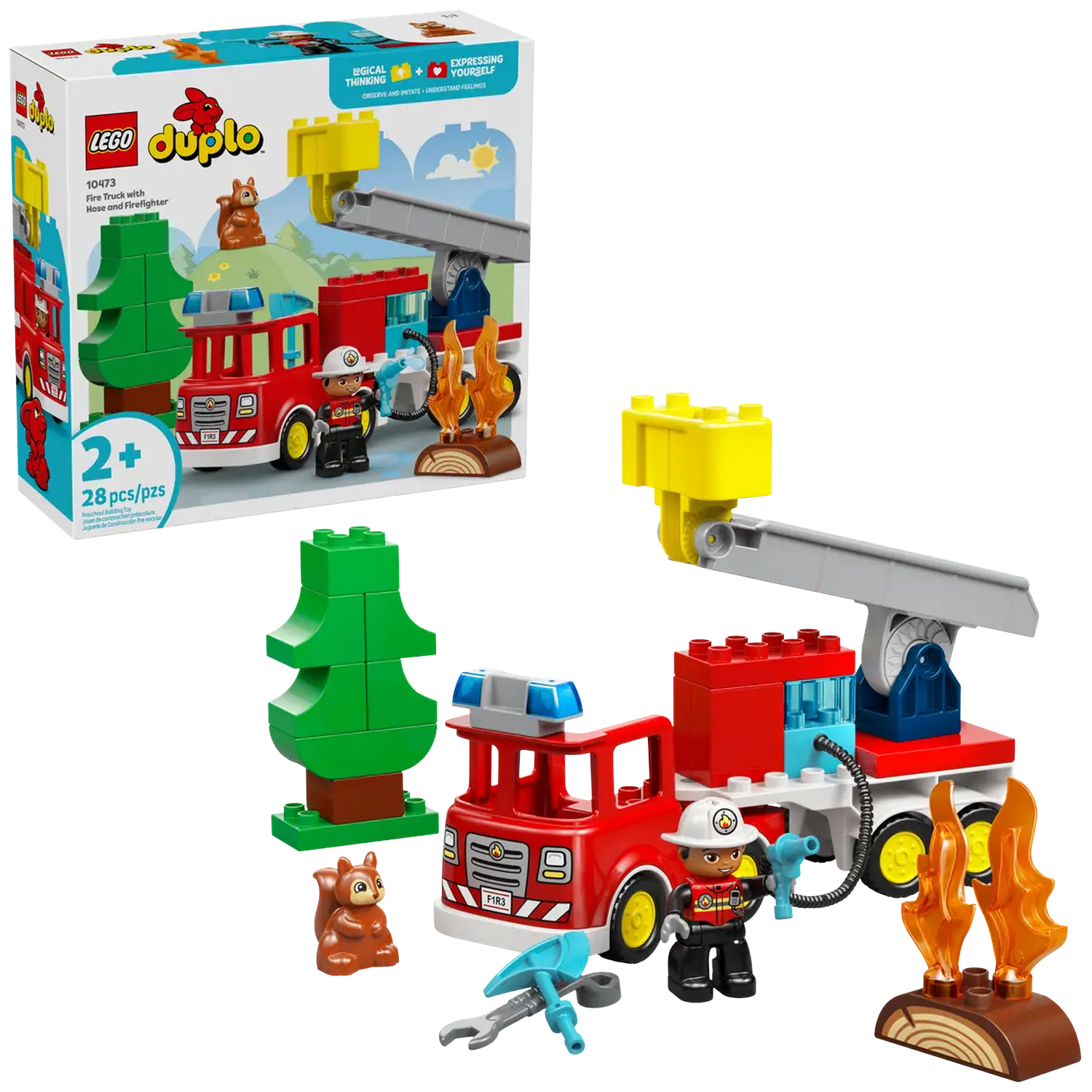 A Lego Duplo set of a red fire truck with a firefighter, a squirrel, a tree, and a fire. The box is in the background.