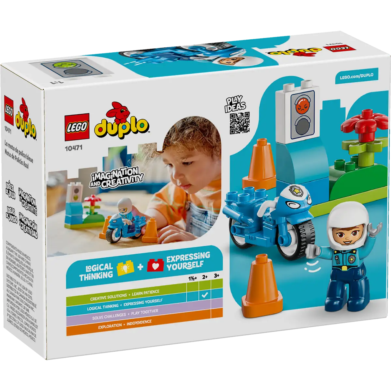 A Lego Duplo box set. It shows a child playing with a blue police motorcycle and a police officer figure.