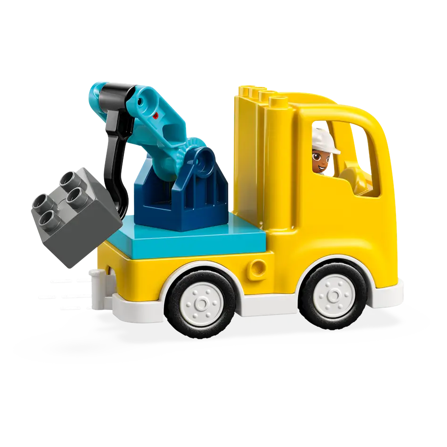 A yellow toy truck with a crane lifting a gray block. A figure in a white helmet is in the driver's seat.