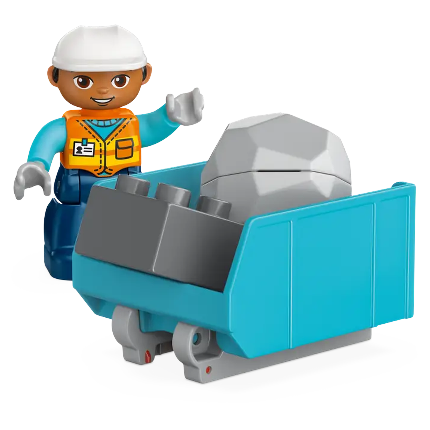 A construction worker figure with a blue cart carrying a grey rock and blocks.