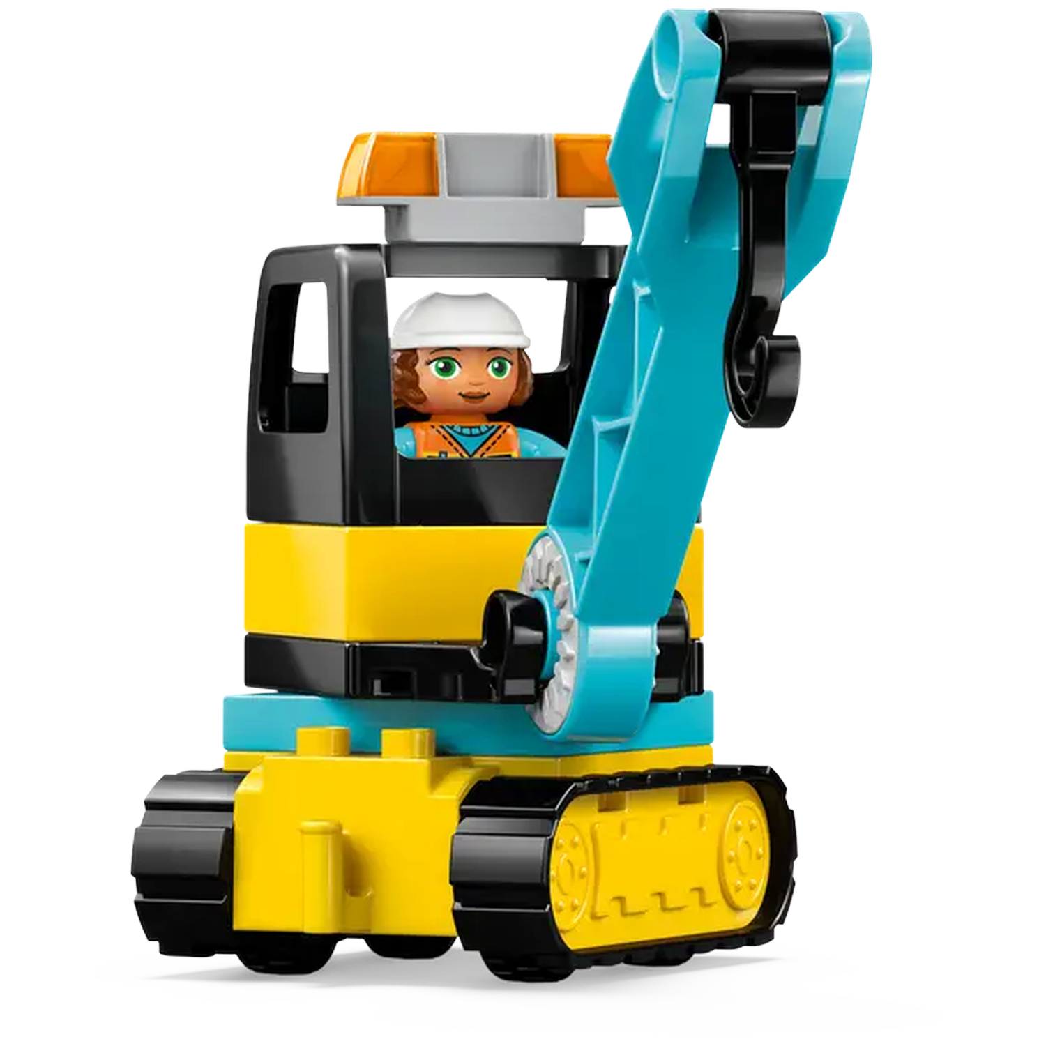 A toy excavator with a construction worker in the cabin. It has a blue arm, yellow body, and black tracks. The worker wears a white helmet.