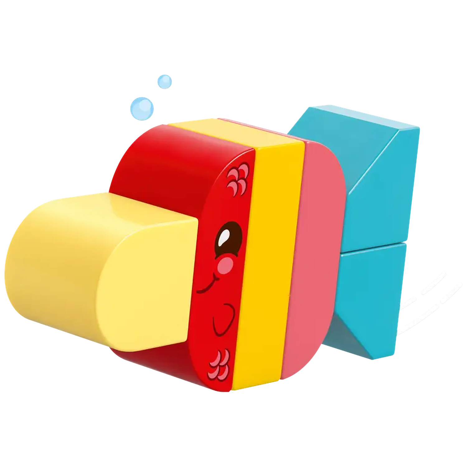 A cartoon fish made of blocks. It has a red head, yellow snout, and pink body. Blue fins and bubbles complete the image.