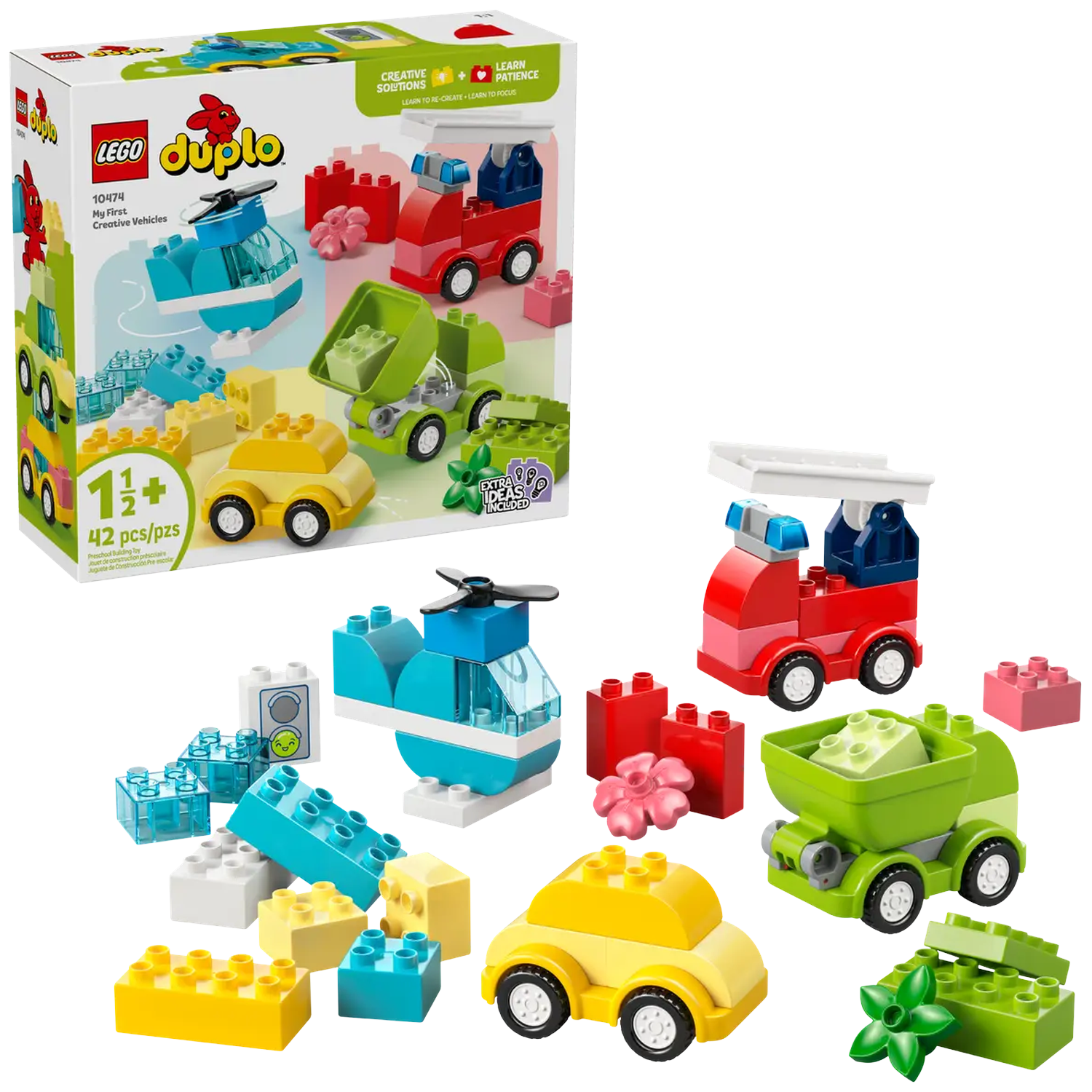 A Lego Duplo set with toy vehicles. Includes a helicopter, fire truck, dump truck, and car, plus building blocks.