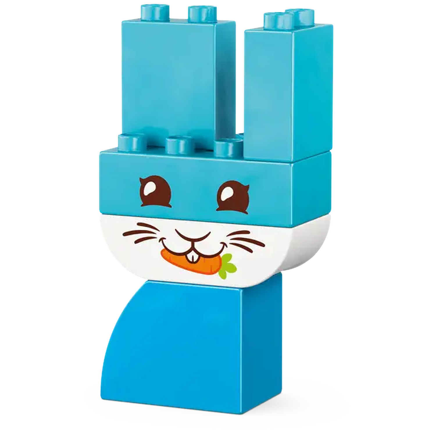A blue and white Lego Duplo bunny. The bunny has a carrot in its mouth. The background is white.