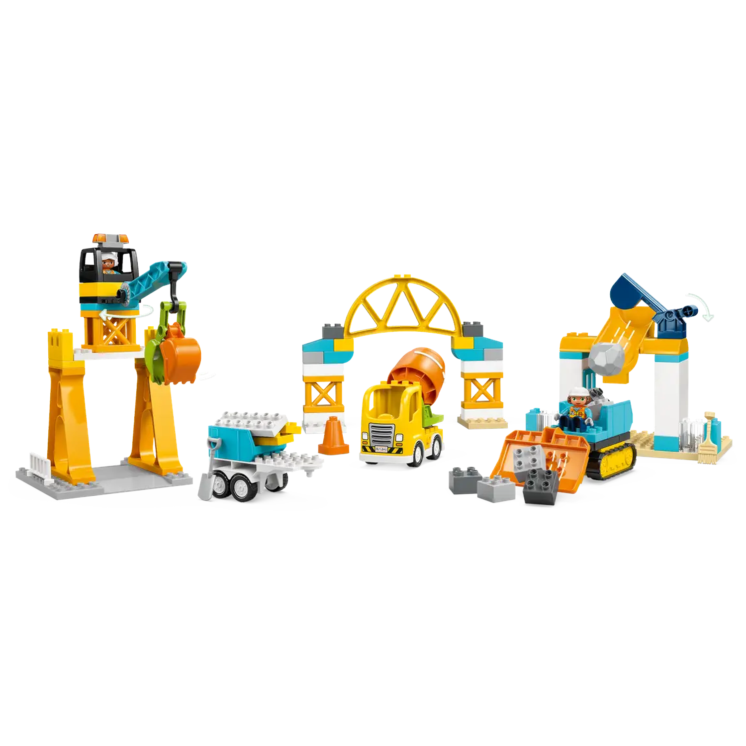 A construction site with Lego Duplo toys. Includes a crane, truck, excavator, and other construction elements. All are colorful.