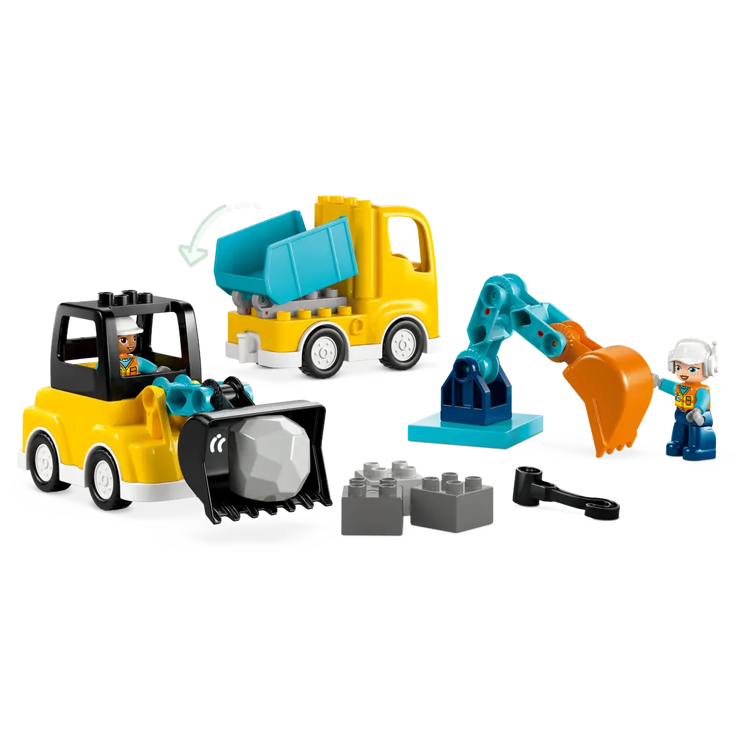 A yellow toy construction set with a truck, excavator, and figurines on a white background. Includes gray blocks and a black tool.