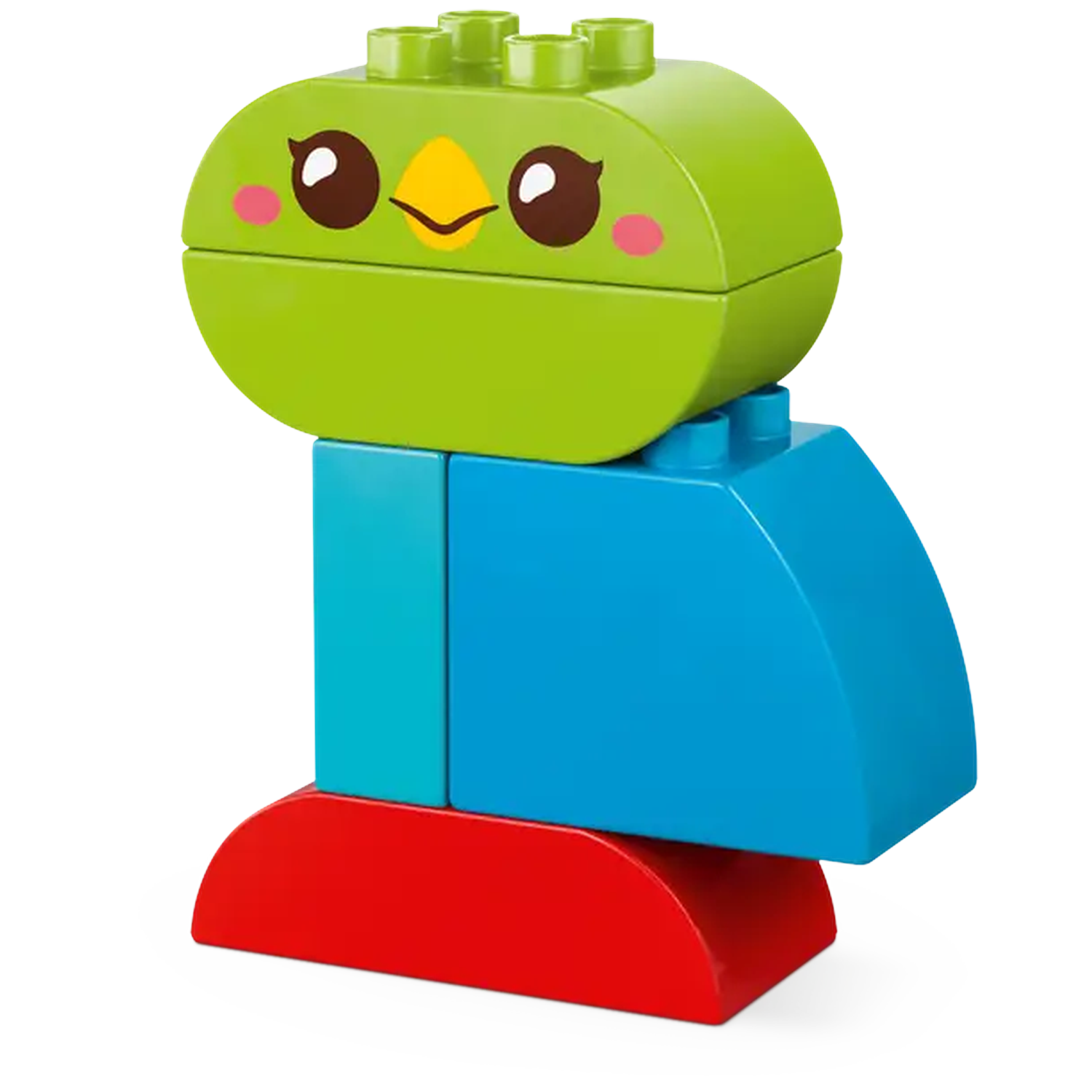 A toy bird made of blocks. It has a green head with a face, blue body, and red base. The blocks are large.