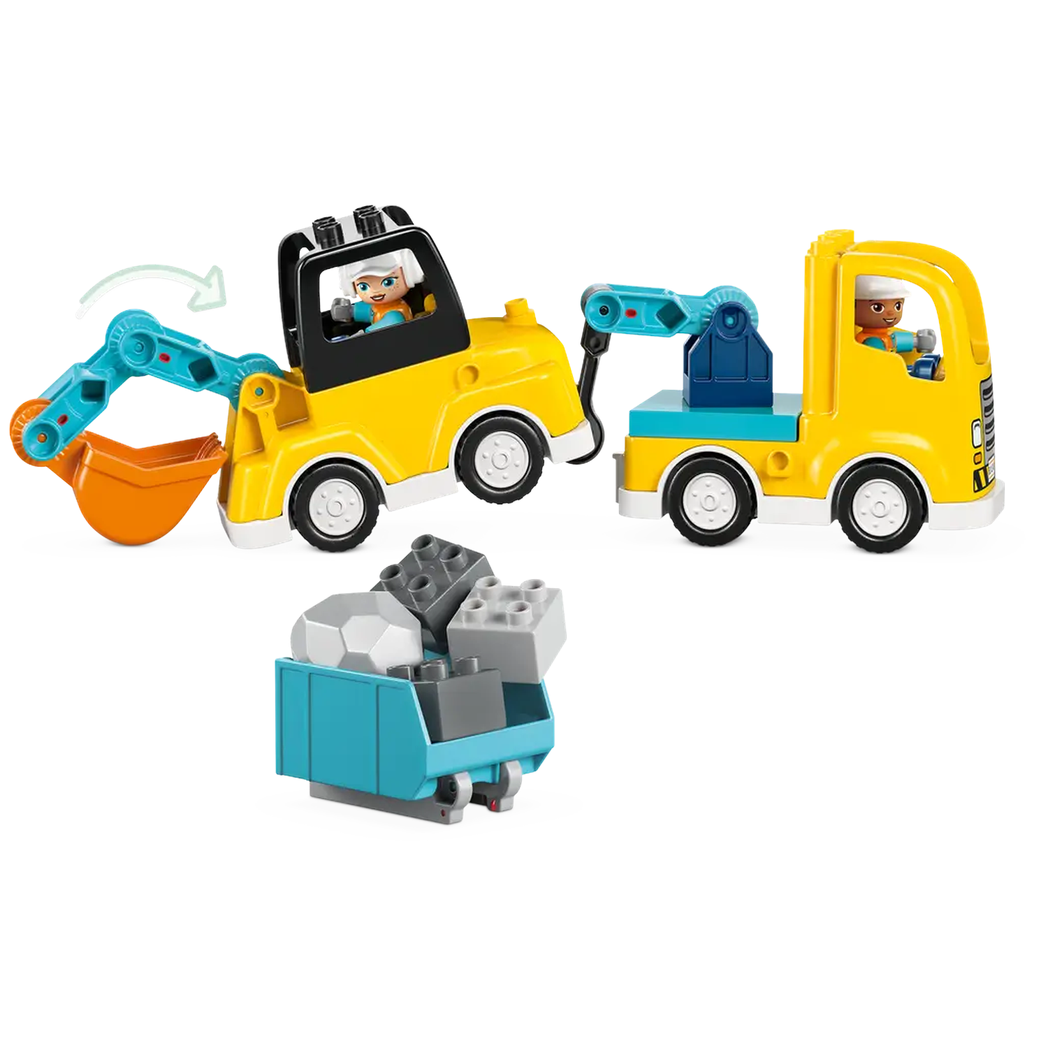 A yellow toy excavator and truck with a blue trailer carrying blocks. Two toy figures are present.