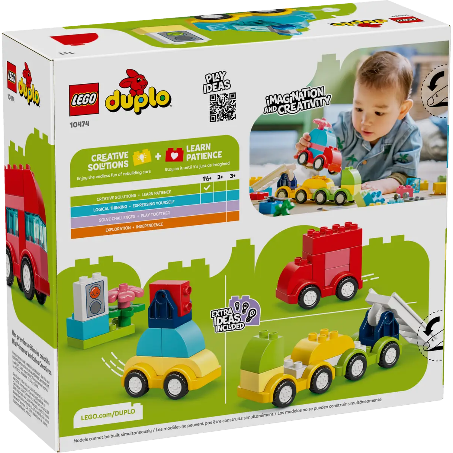 The box shows a LEGO Duplo set with car models. A child is playing with toy cars. Bright colors, red, yellow, green, and blue are seen.