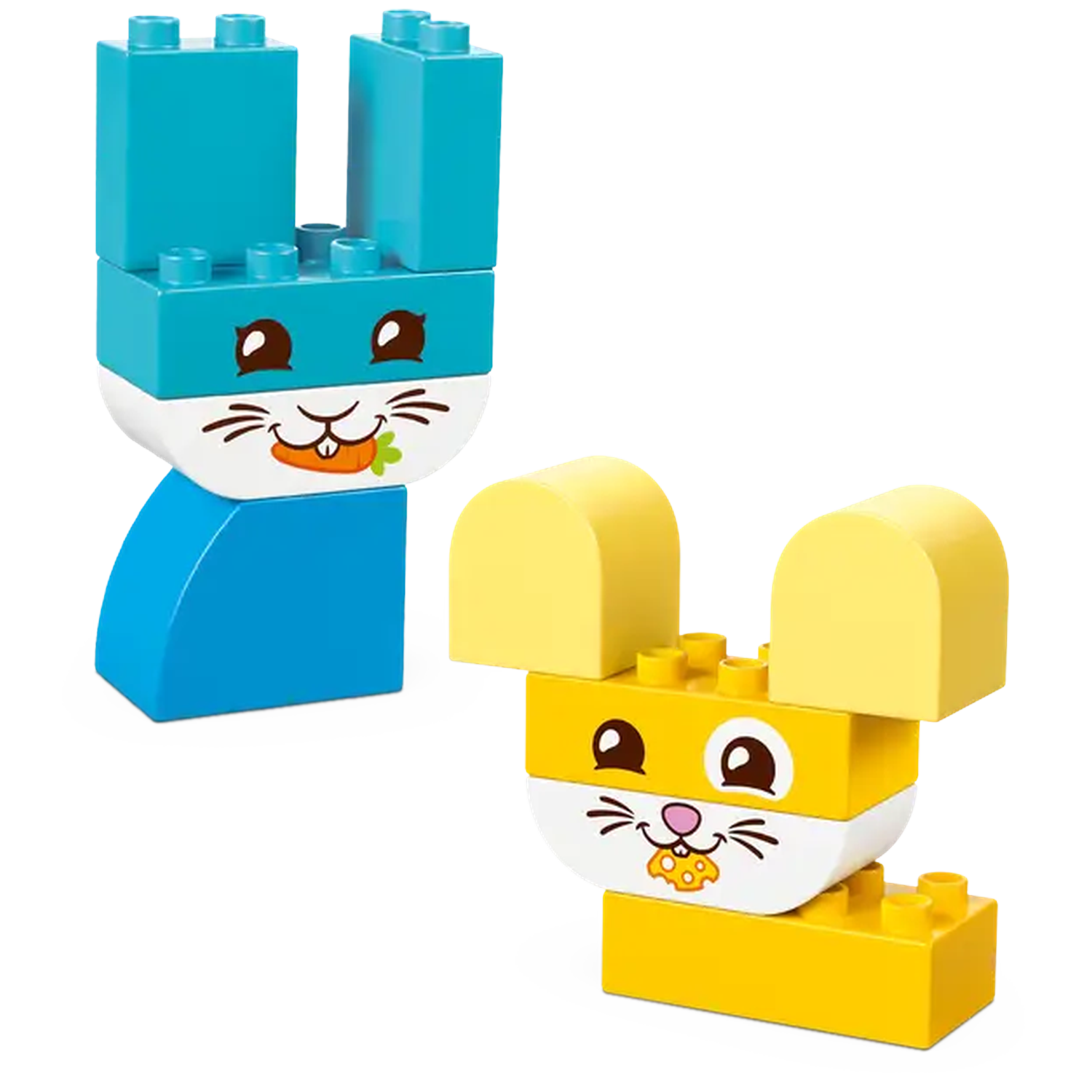 Two toy animal figures made of blocks: a blue bunny and a yellow mouse. Both have white faces, drawn features, and smiling mouths.