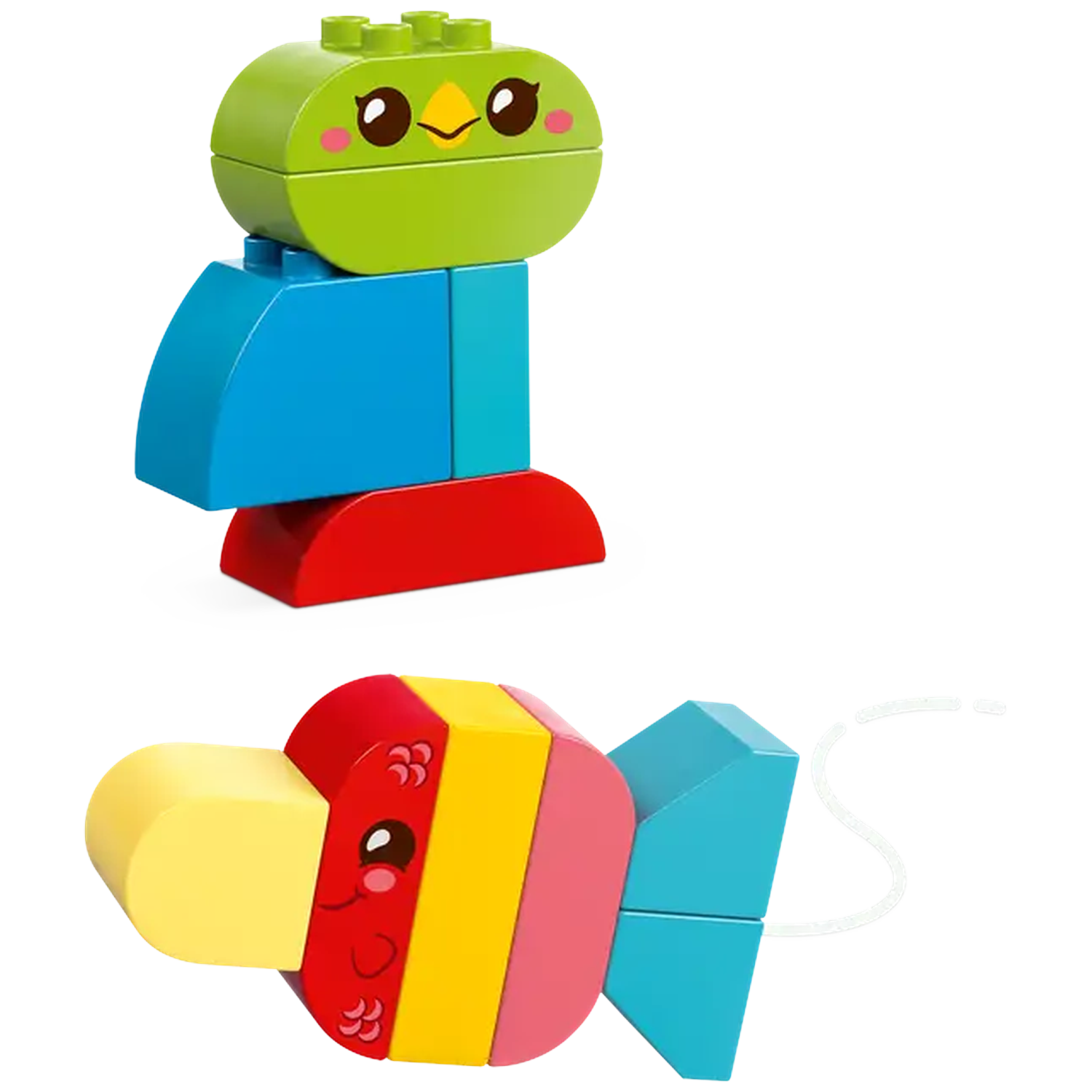 Two toy figures made of blocks: a green bird-like figure and a colorful fish-like figure with a string.