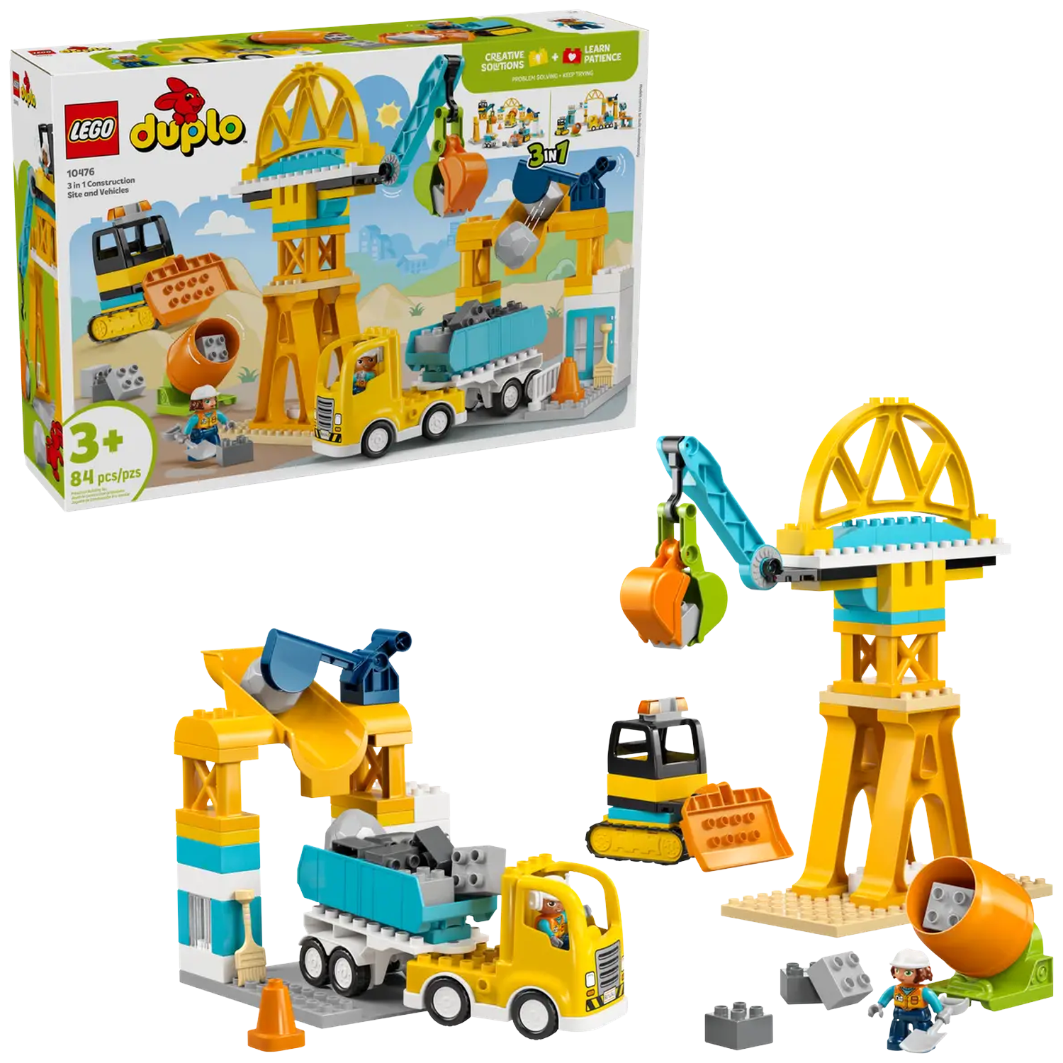 A Lego Duplo construction set with yellow crane, truck, excavator, and cement mixer. A box shows the full set.