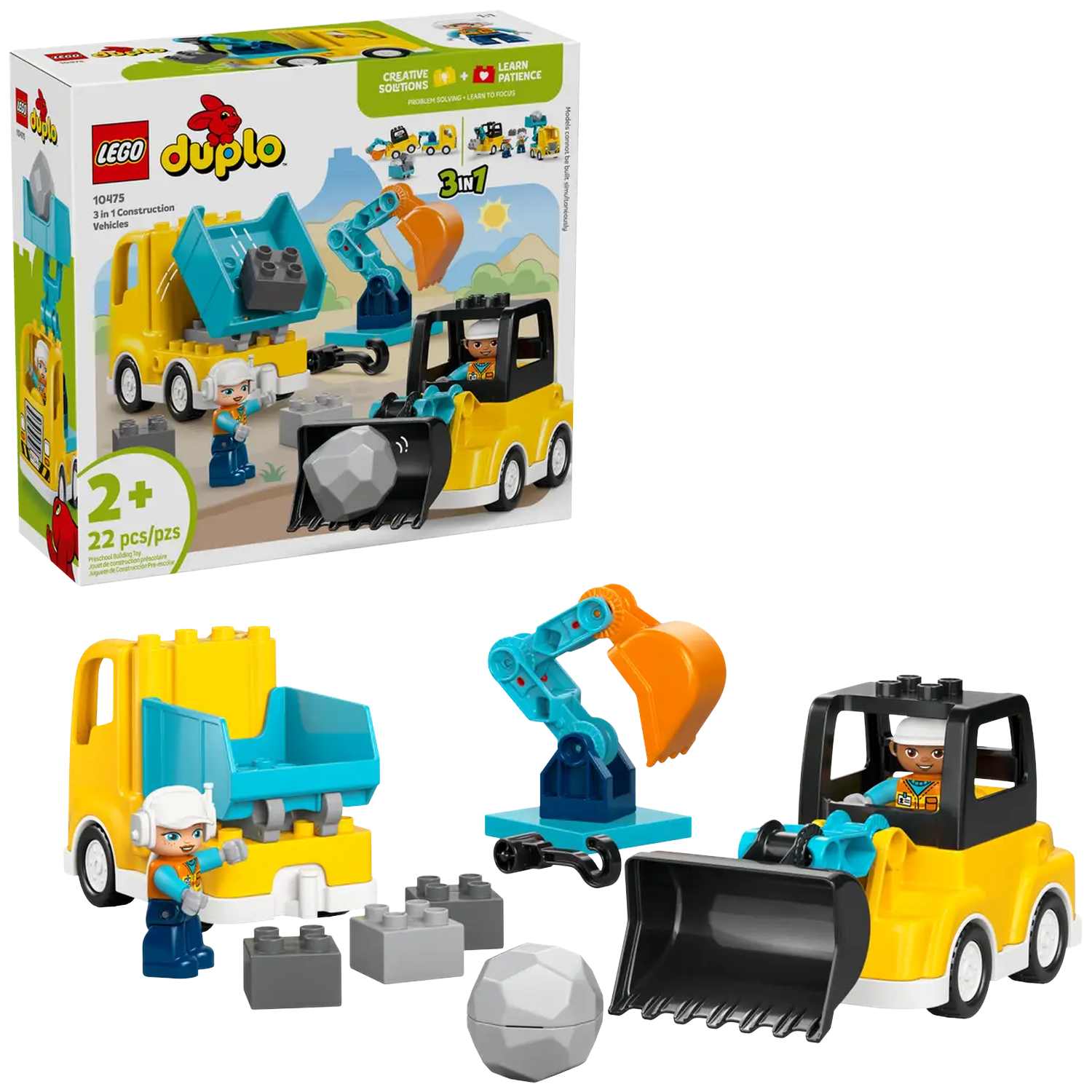 A Lego Duplo set featuring construction vehicles. Includes a yellow truck, excavator, and bulldozer, along with figures and blocks.