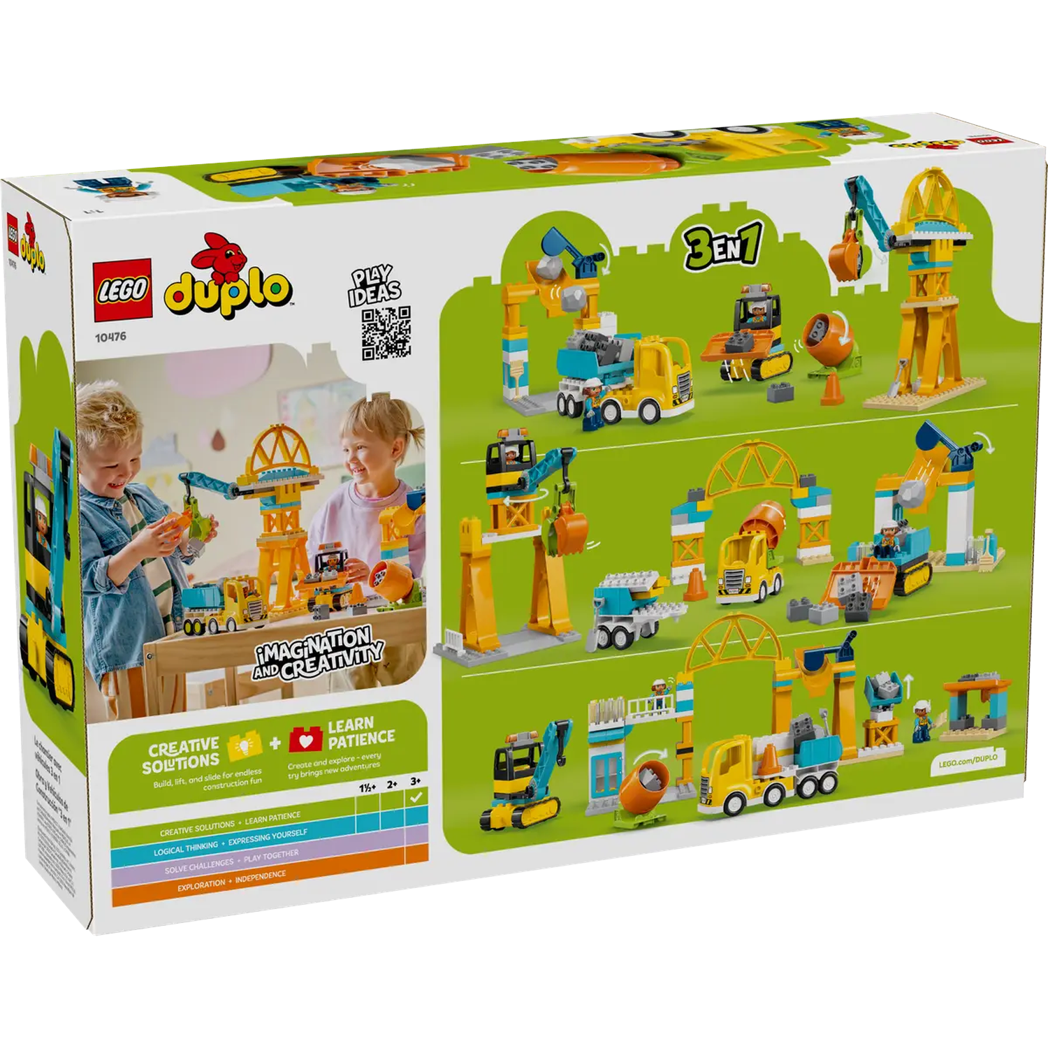 Lego Duplo construction set box. Features a crane, trucks, and children playing. Includes a QR code and age suggestions.