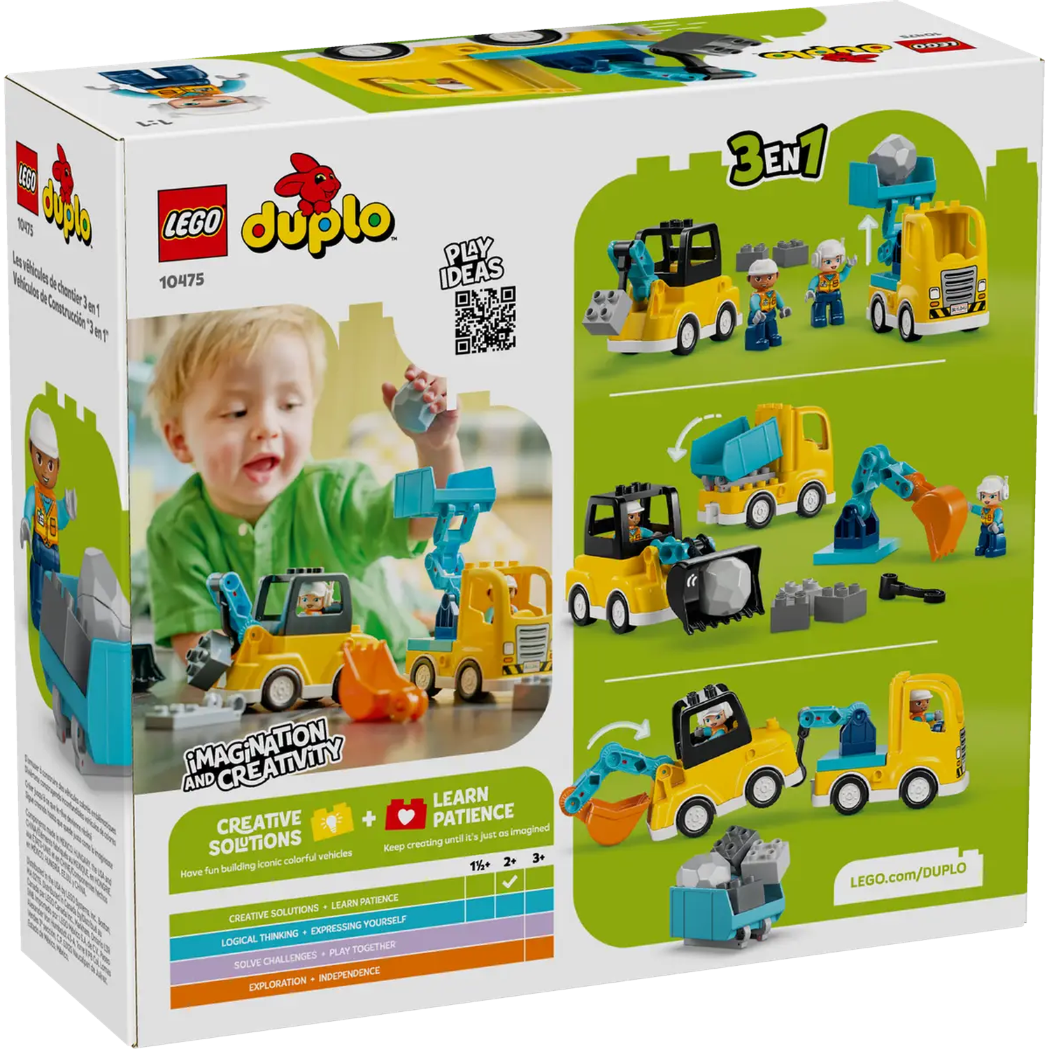 A Lego Duplo box shows a child playing with toy construction vehicles. The box has yellow and blue vehicles and figures.