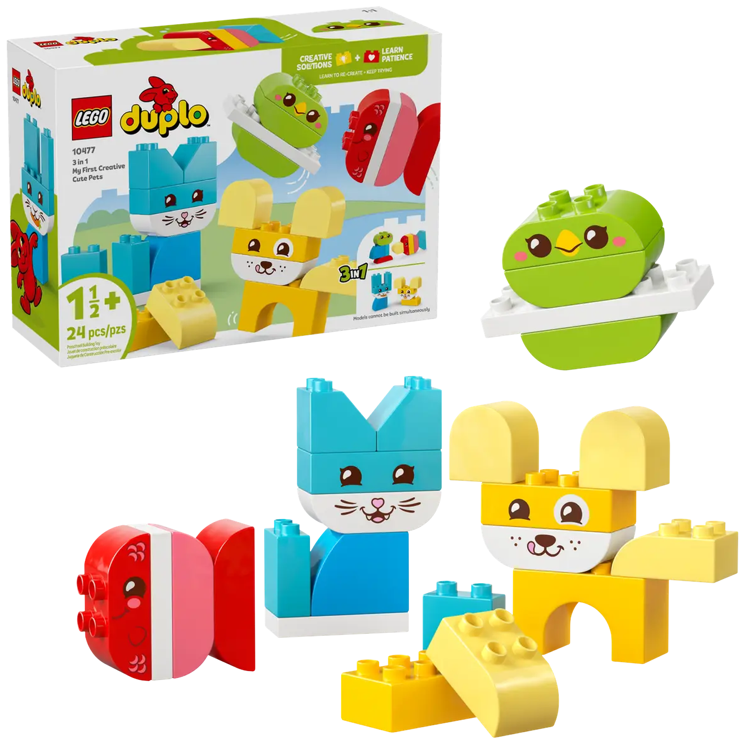 A Lego Duplo box set with three animal figures built. The box shows a bunny and a cat. The parts are blue, yellow, red and green.
