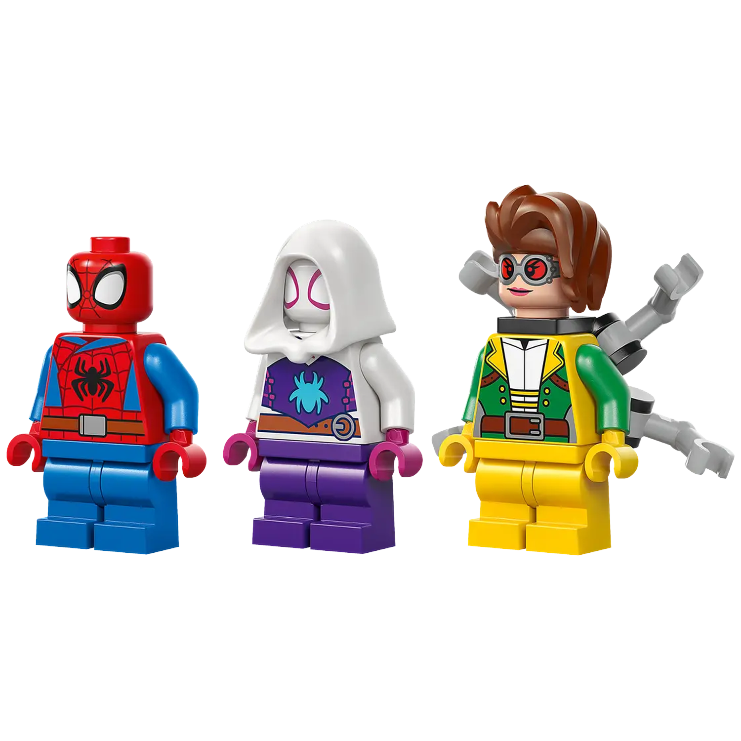Three Lego figures: Spider-Man, Spider-Gwen, and Doctor Octopus. Each figure is wearing a costume with distinct colors and designs. The figures stand side by side.