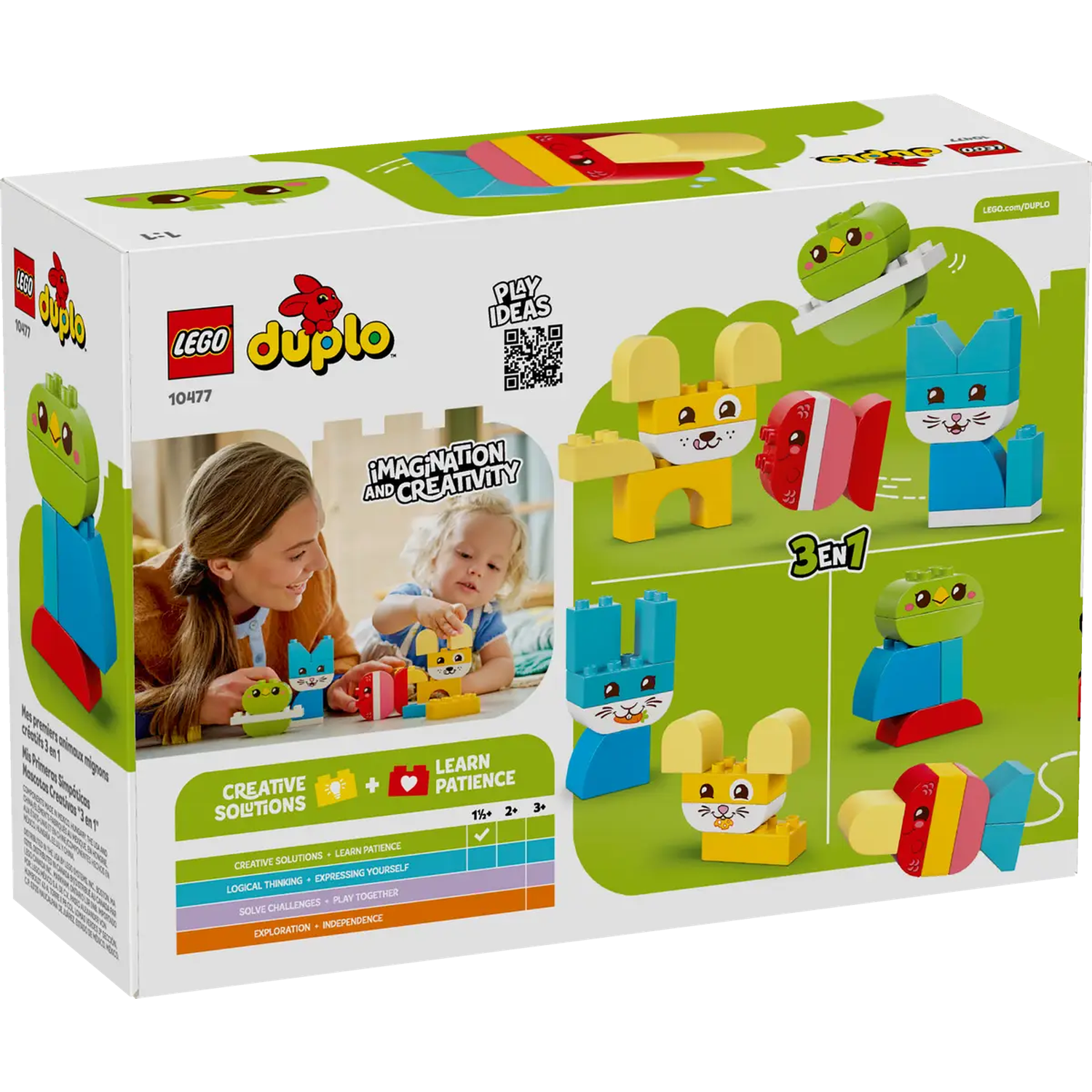 A Lego Duplo box shows a mother and child playing with animal-shaped blocks. The box includes animal models and the Duplo logo.
