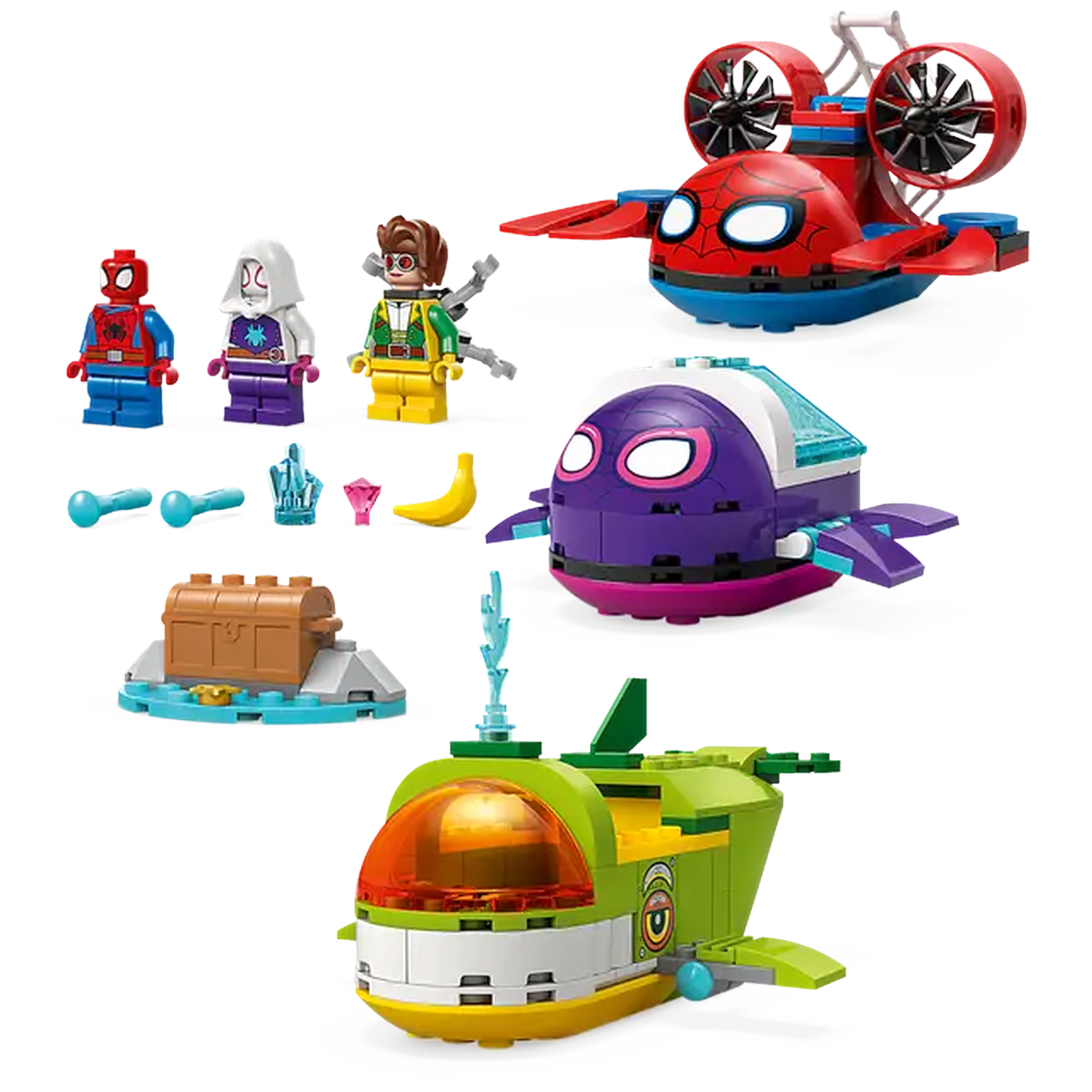 Lego set with Spider-Man and other superhero figures and vehicles, including a boat, a plane, and a submarine.