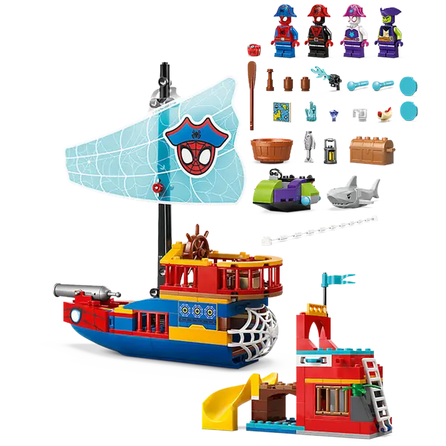 A Lego set featuring a pirate ship, a small building with a slide, and several Spiderman-themed minifigures and accessories.