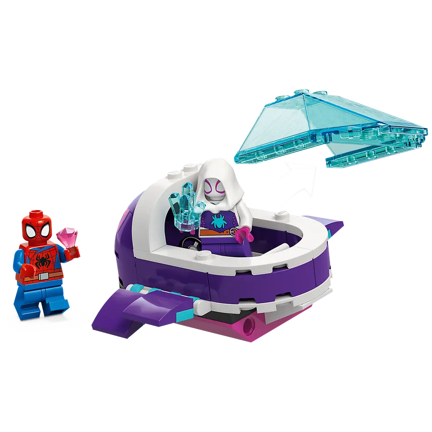 Lego set with Spider-Man and Spider-Gwen minifigures, with a purple and white vehicle and a transparent blue canopy.