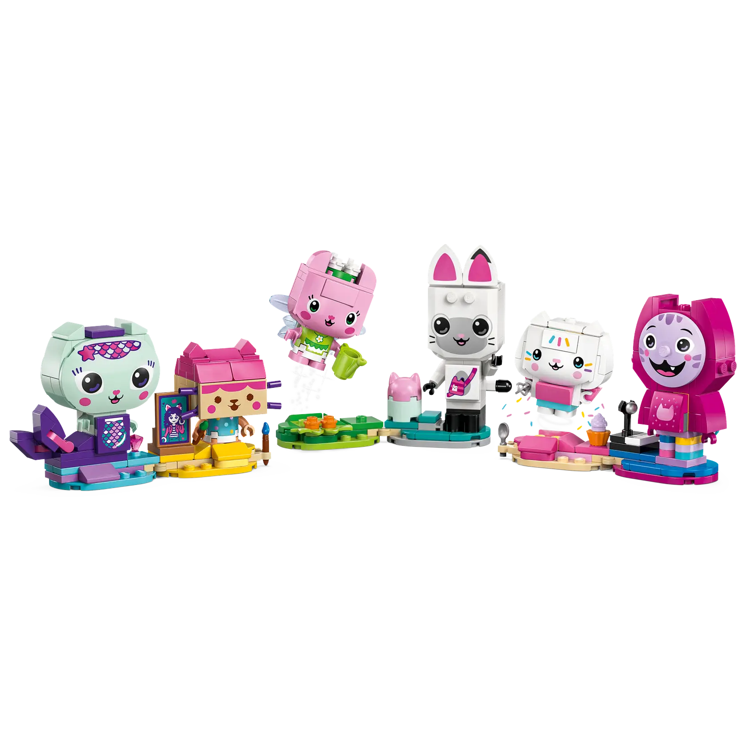 Six colorful Lego figures of cats and other animals. Some have accessories like paintbrushes, wings, and cakes. They are on display.