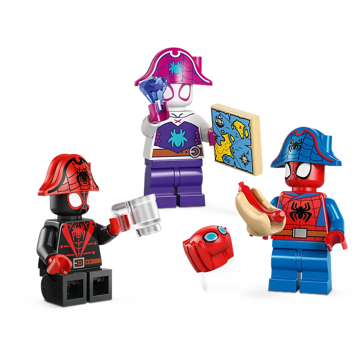 Lego figures of Spider-Man in pirate hats. One holds a jewel, another a map, and the last a hotdog. A red fist is floating.