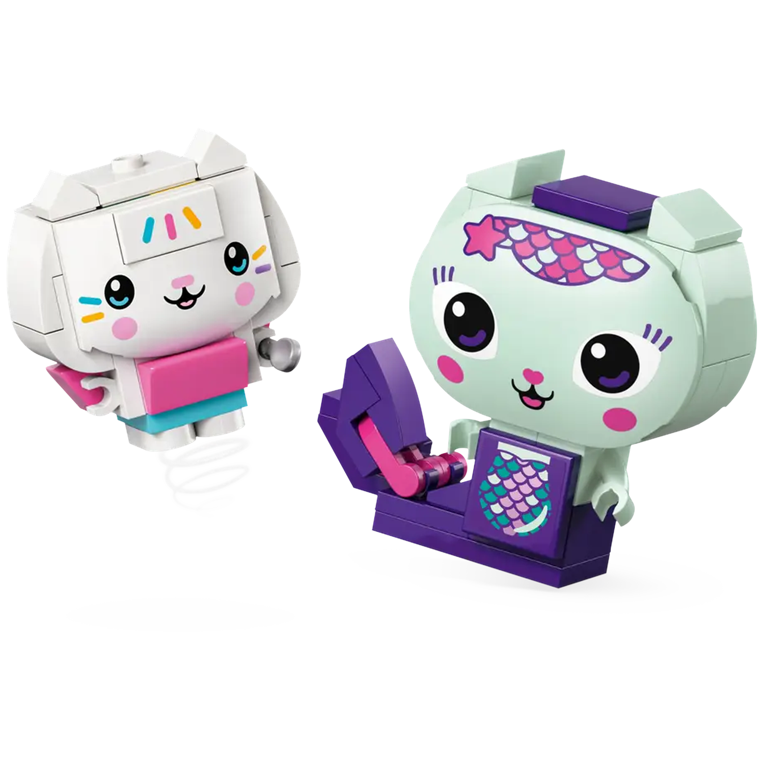 Two Lego cat figures. One white with pink and blue clothing, and the other is light green with purple accessories.