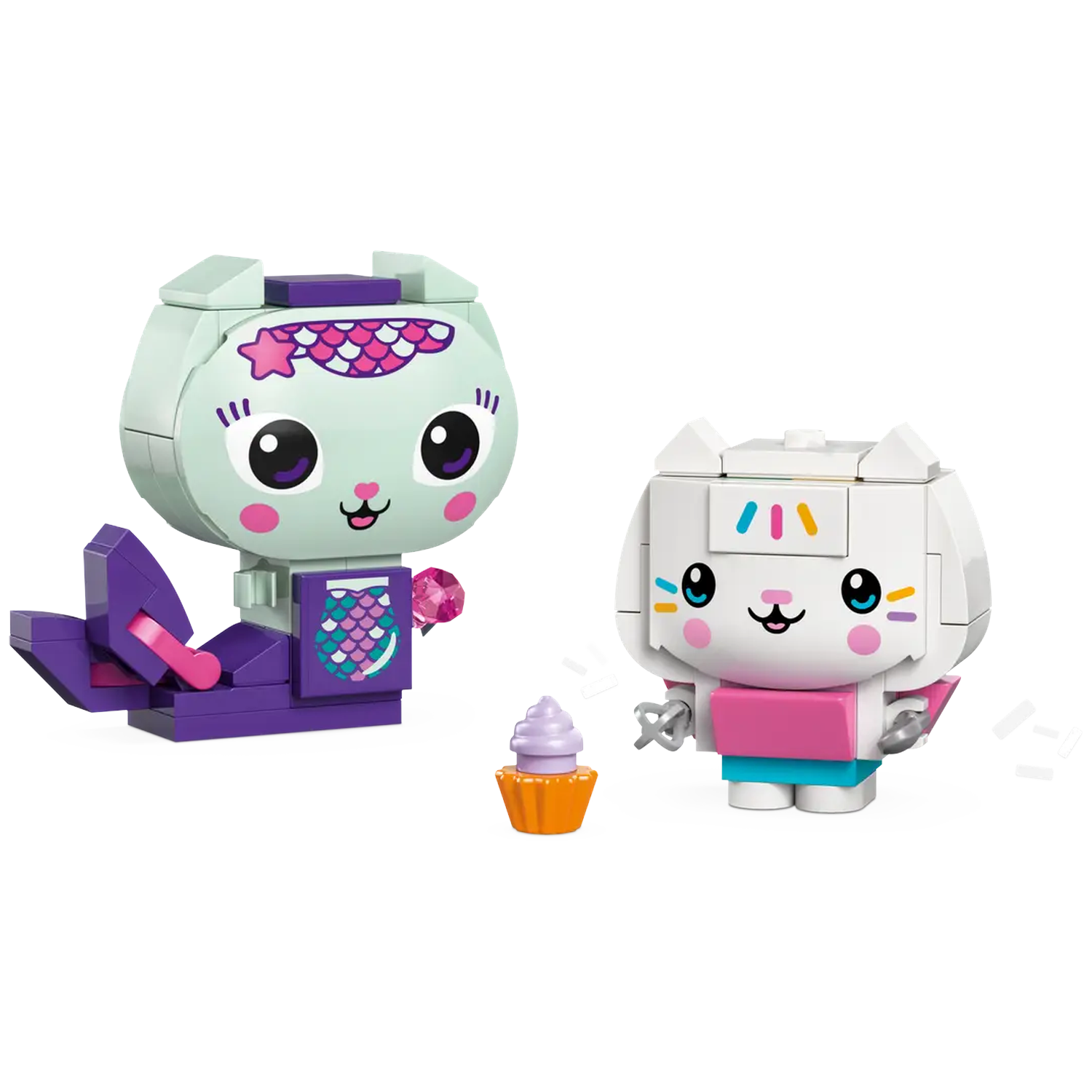 Two Lego cat figures: a mermaid cat and a cat with a pink shirt, with a cupcake. White background.