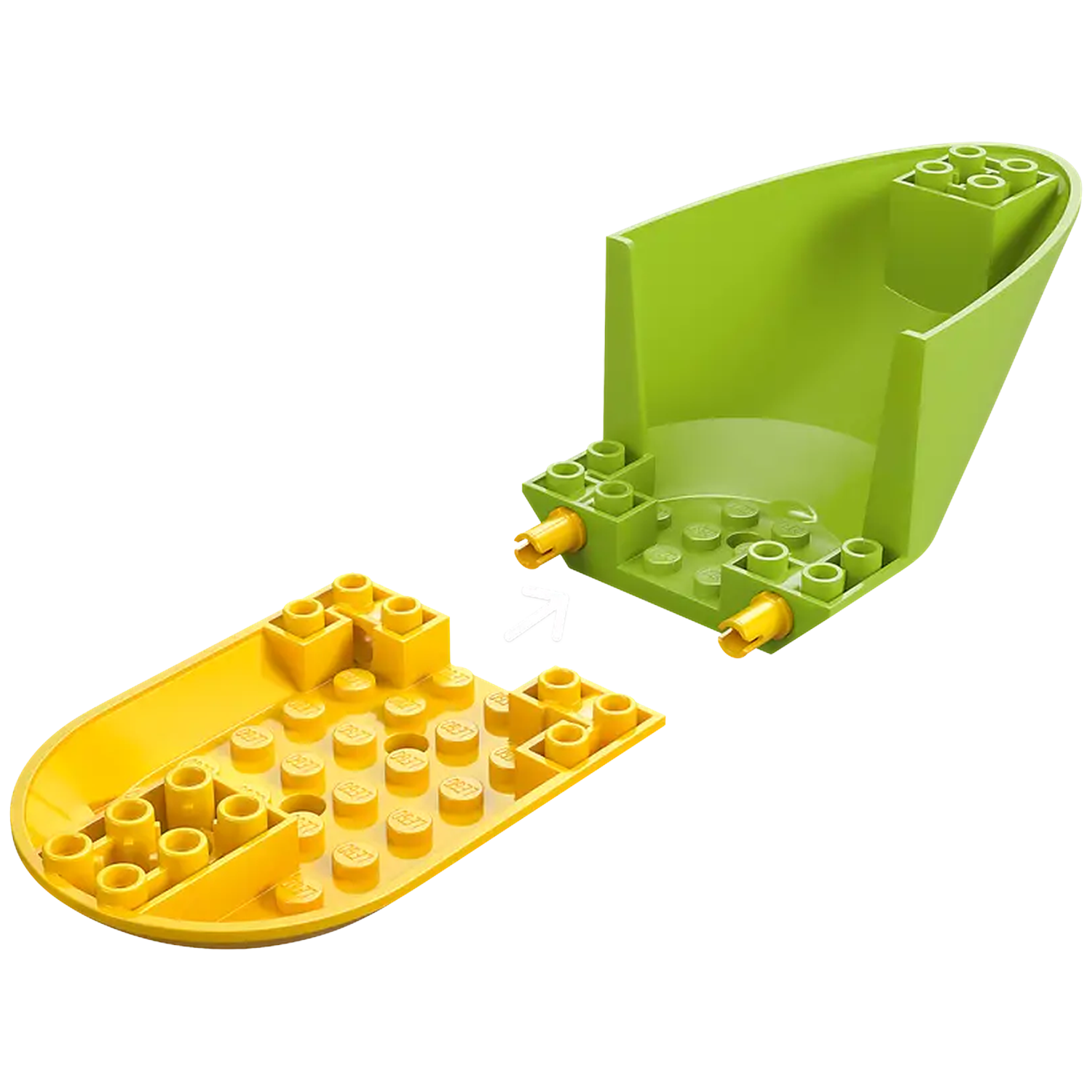 A green Lego boat hull and a yellow base are separated. The base has studs, and the hull has connection ports.