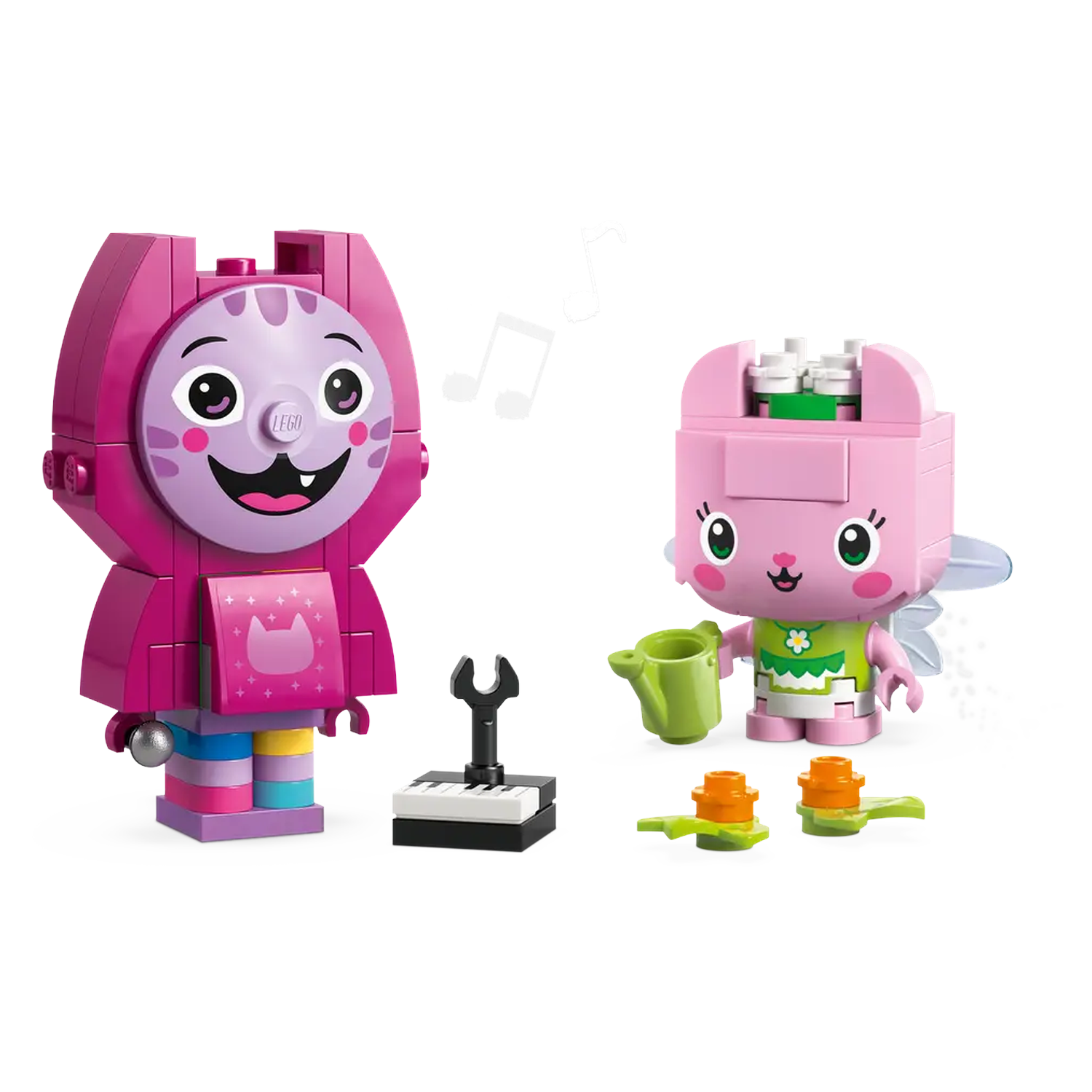 Two Lego figures: a pink cat, and a pink bunny with a watering can, musical notes, a keyboard, and vegetables.