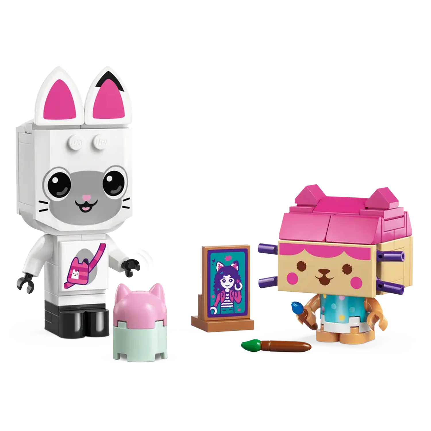Lego set with cat-themed figures. One white cat figure, one brown cat figure with a paintbrush, a painting, and a pink cat-shaped item.