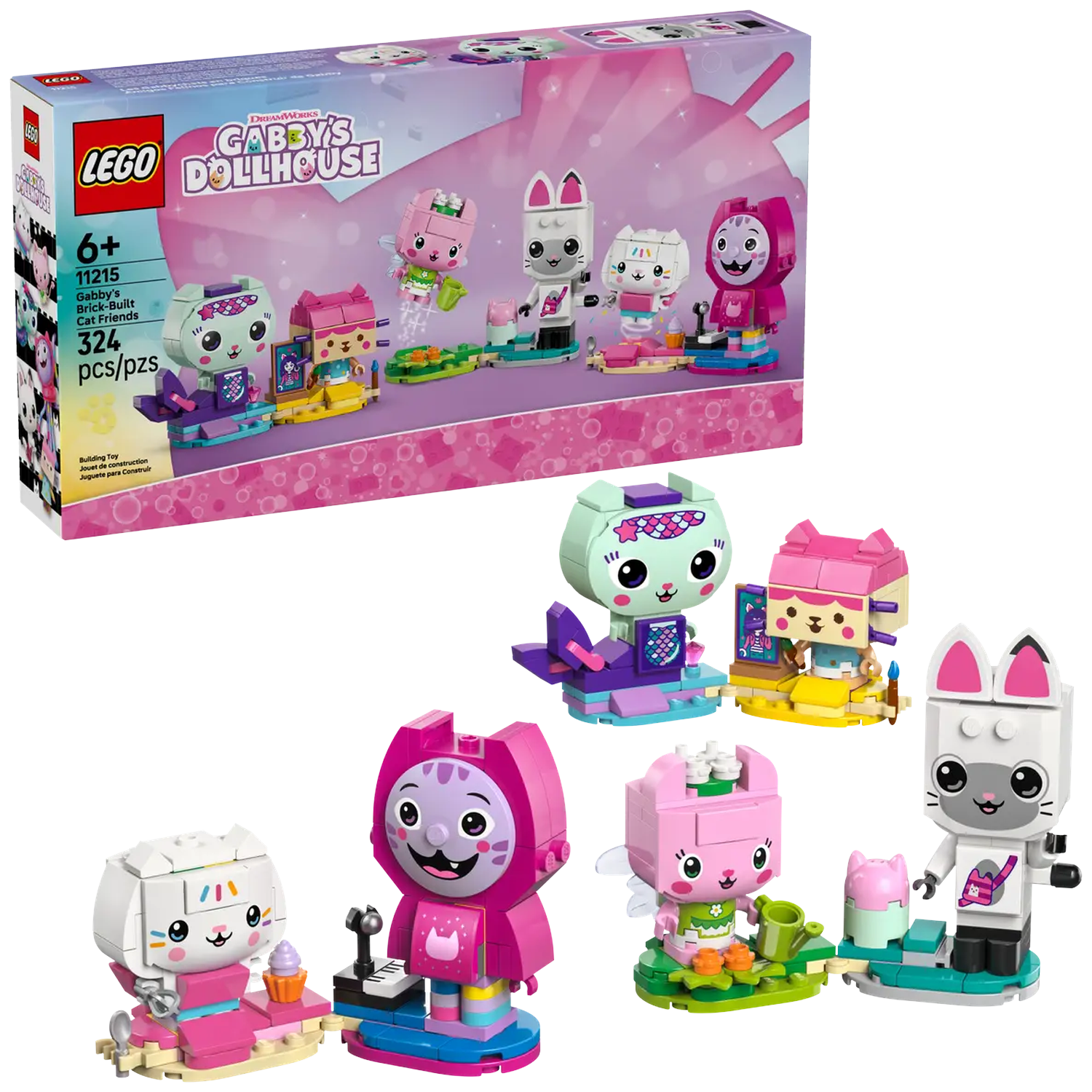 A Lego Gabby's Dollhouse set featuring cat characters and mini-builds. The box shows the set, while the bottom shows the assembled figures.