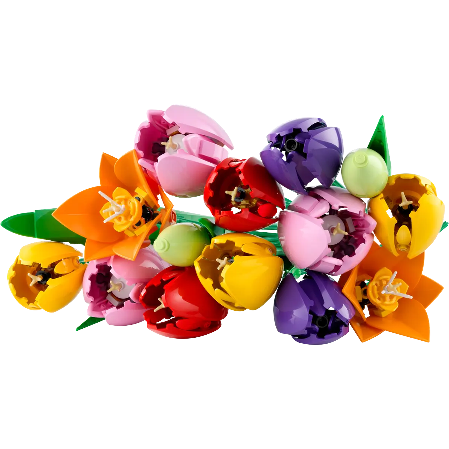 Een boeket kleurrijke Lego-tulpen, waaronder oranje, gele, rode, roze en paarse, met groene stelen en bladeren op een witte achtergrond.