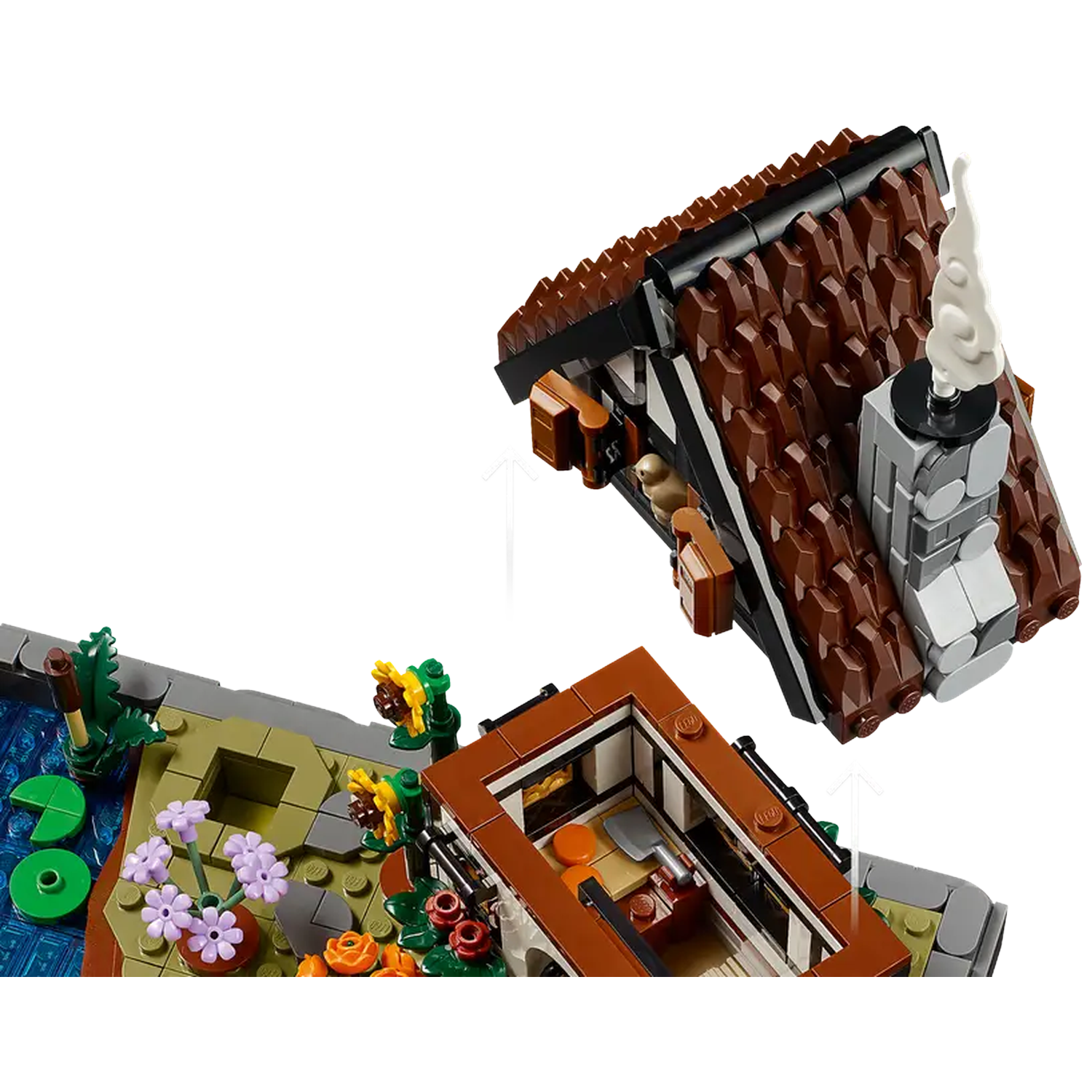 A Lego model of a house with a brown roof and chimney. It has a pond, flowers, and a garden. Smoke rises from the chimney.