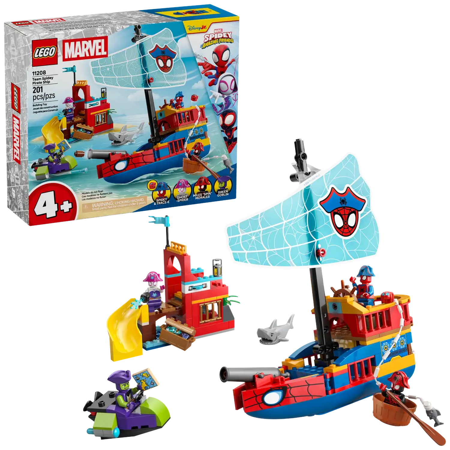 Lego Marvel Team Spidey Pirate Ship set. Includes pirate ship, figures, shark, and a building on the left with a slide.