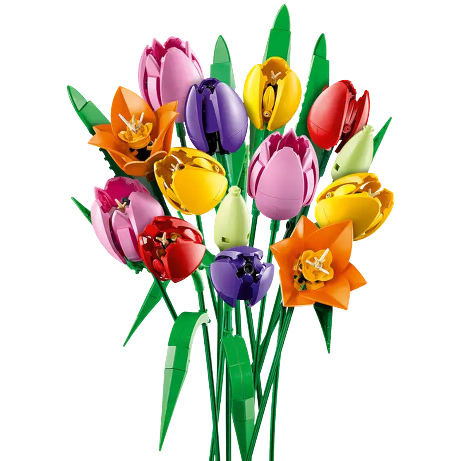 Een boeket kleurrijke Lego-tulpen, in roze, paars, geel, oranje en rood, met groene stelen en bladeren, tegen een witte achtergrond.