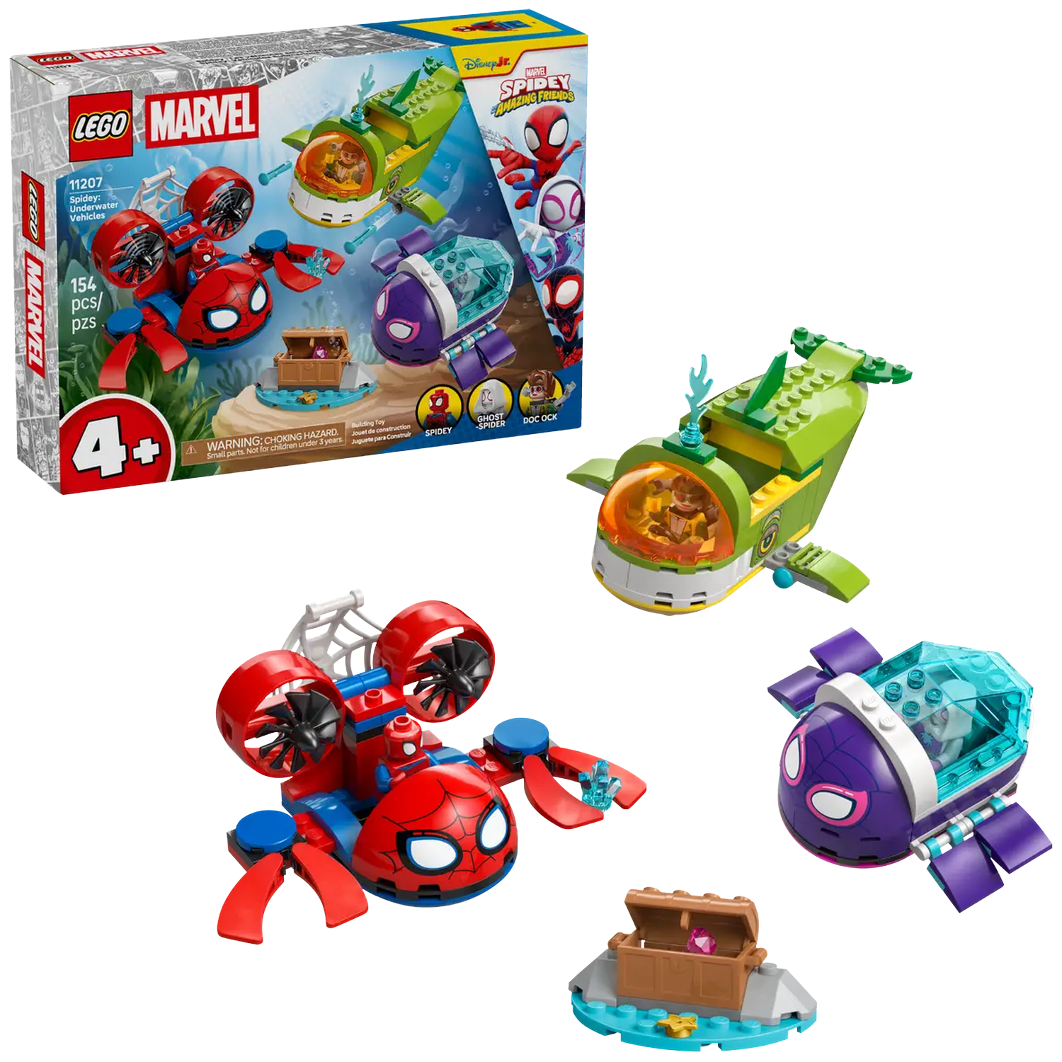 Lego Marvel set. Includes Spidey vehicles: red, green, and purple. Also a treasure chest on a blue base. A box is in the background.