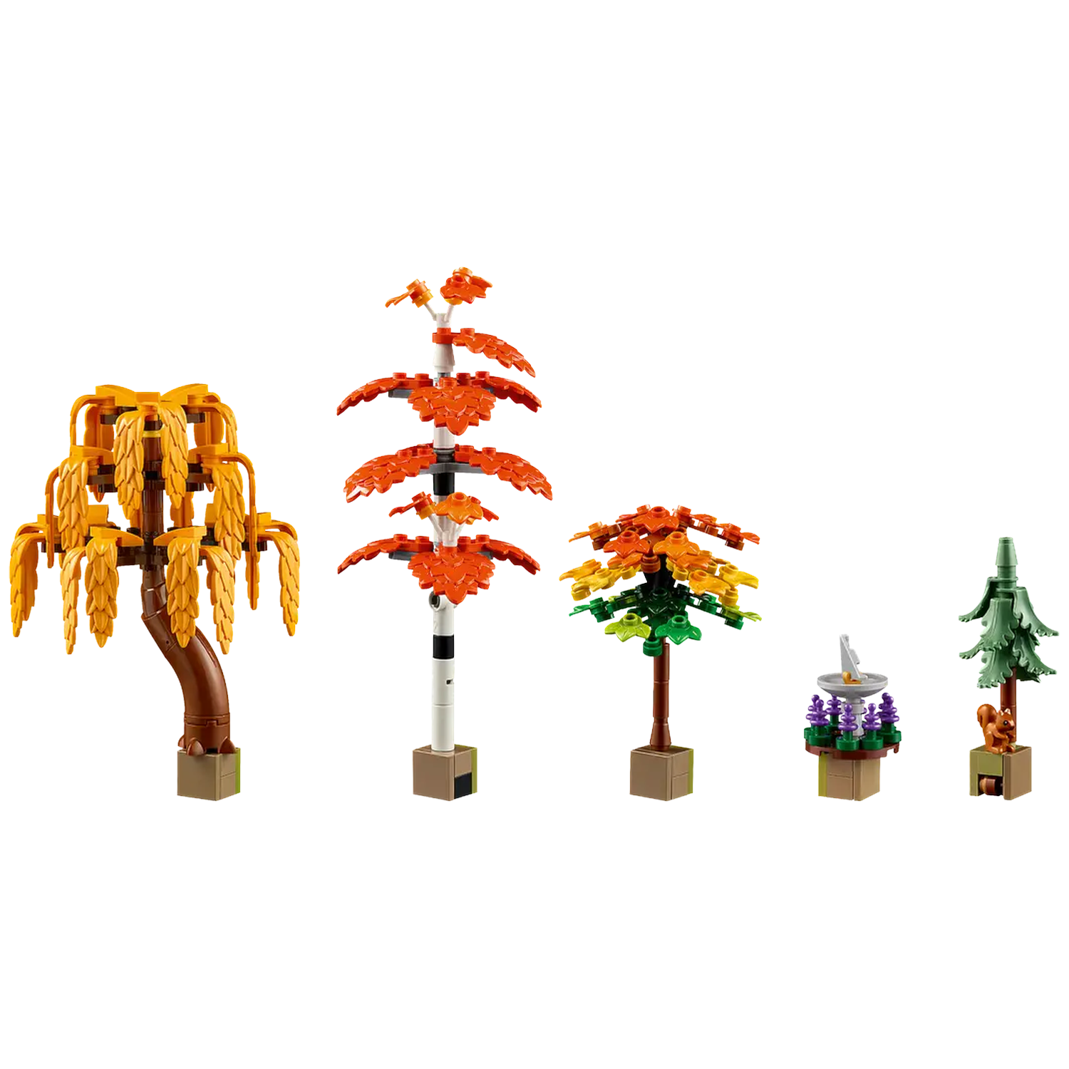 Lego trees of various styles and colors are displayed against a white background. Includes a weeping willow, birch, and fir.