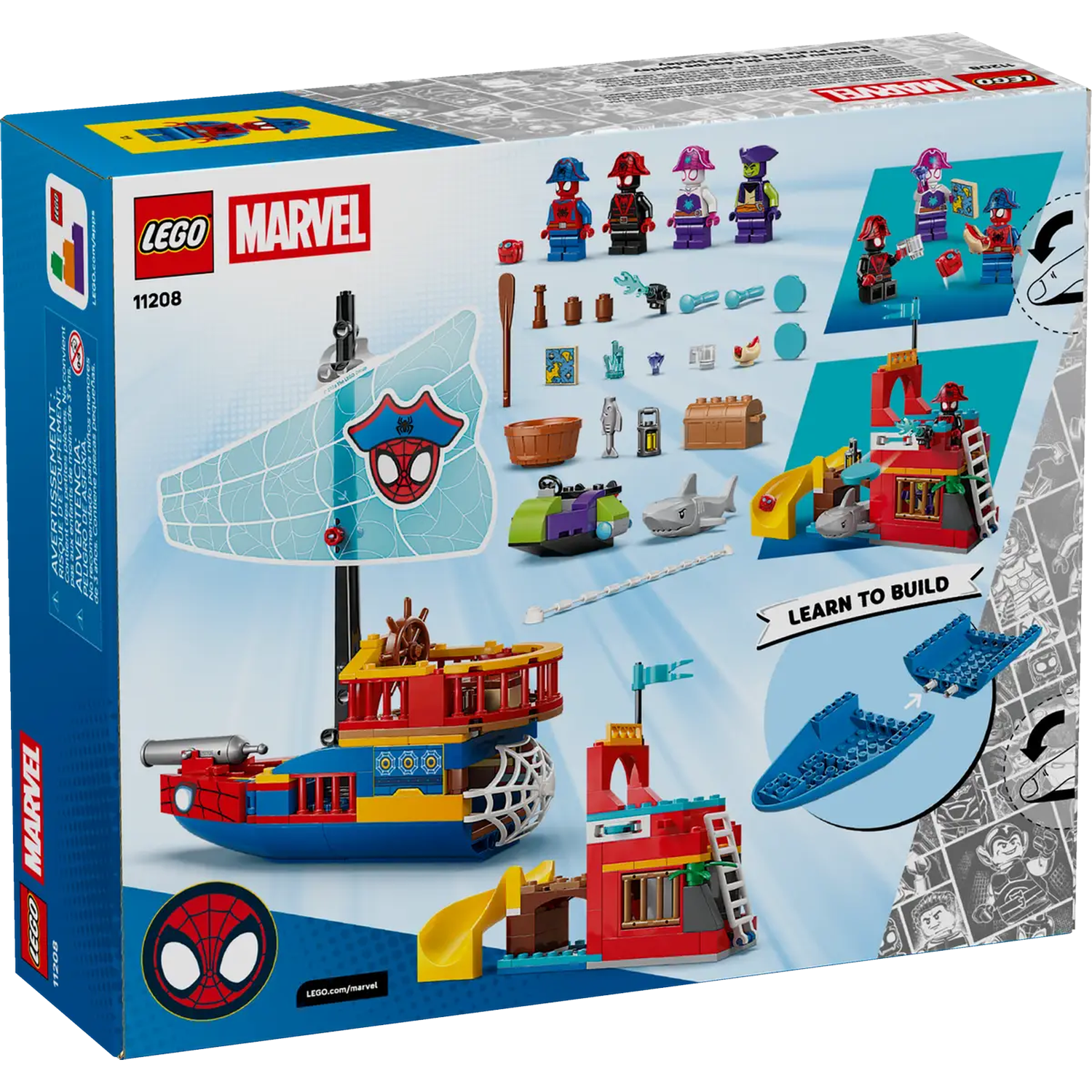 Lego Marvel set box. Features a Spider-Man pirate ship and minifigures. Includes a building guide and various accessories.