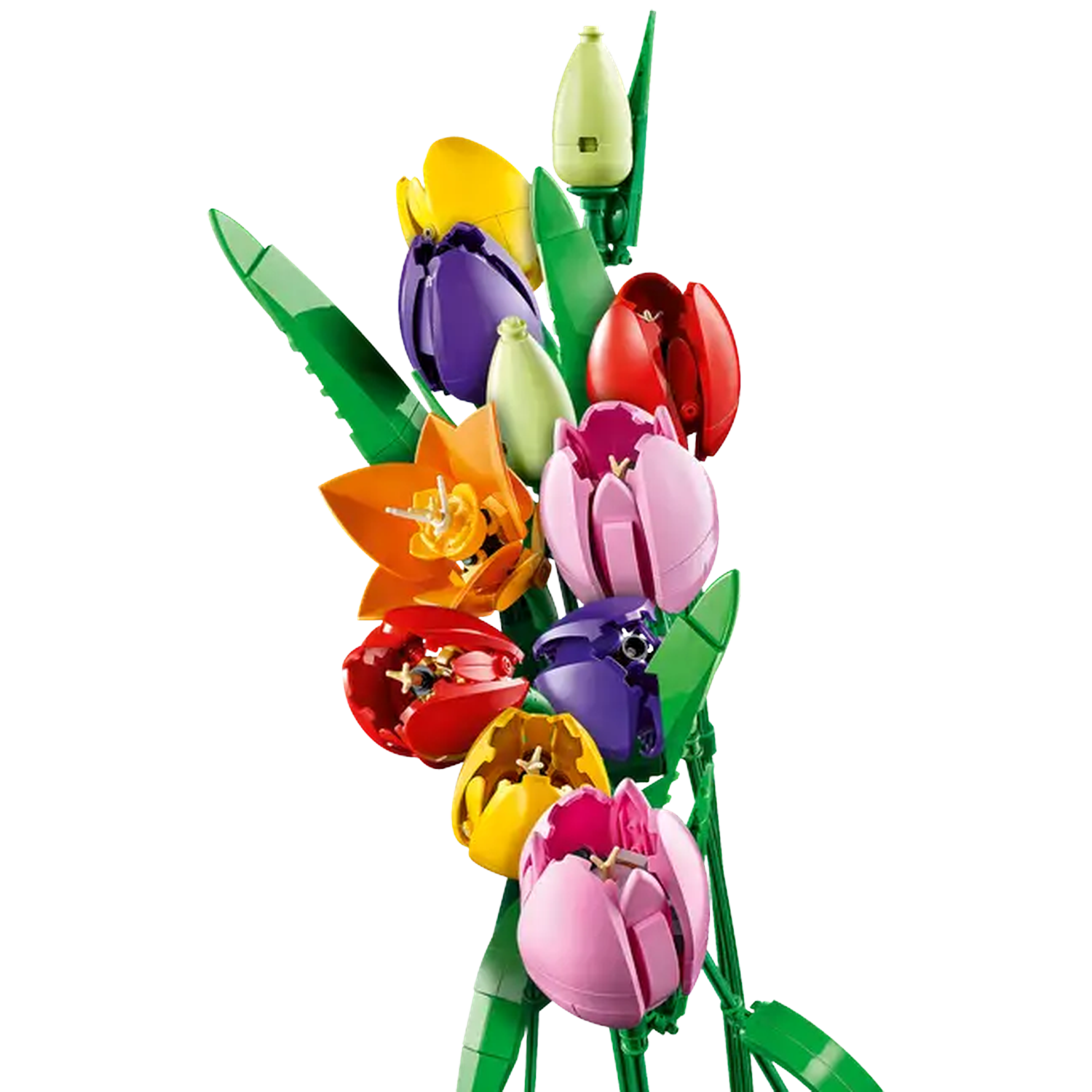 Een boeket kleurrijke Lego-tulpen, waaronder gele, oranje, rode, roze en paarse, met groene stelen en bladeren tegen wit.