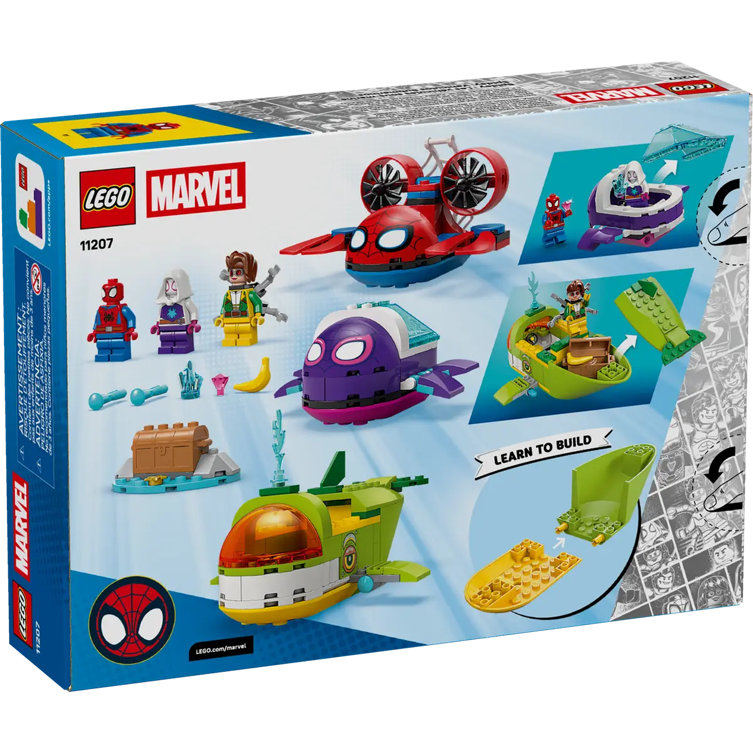 Lego Marvel box. Spider-Man figures and vehicles. Includes a plane, boat, and submarine with various colors, and building instructions.