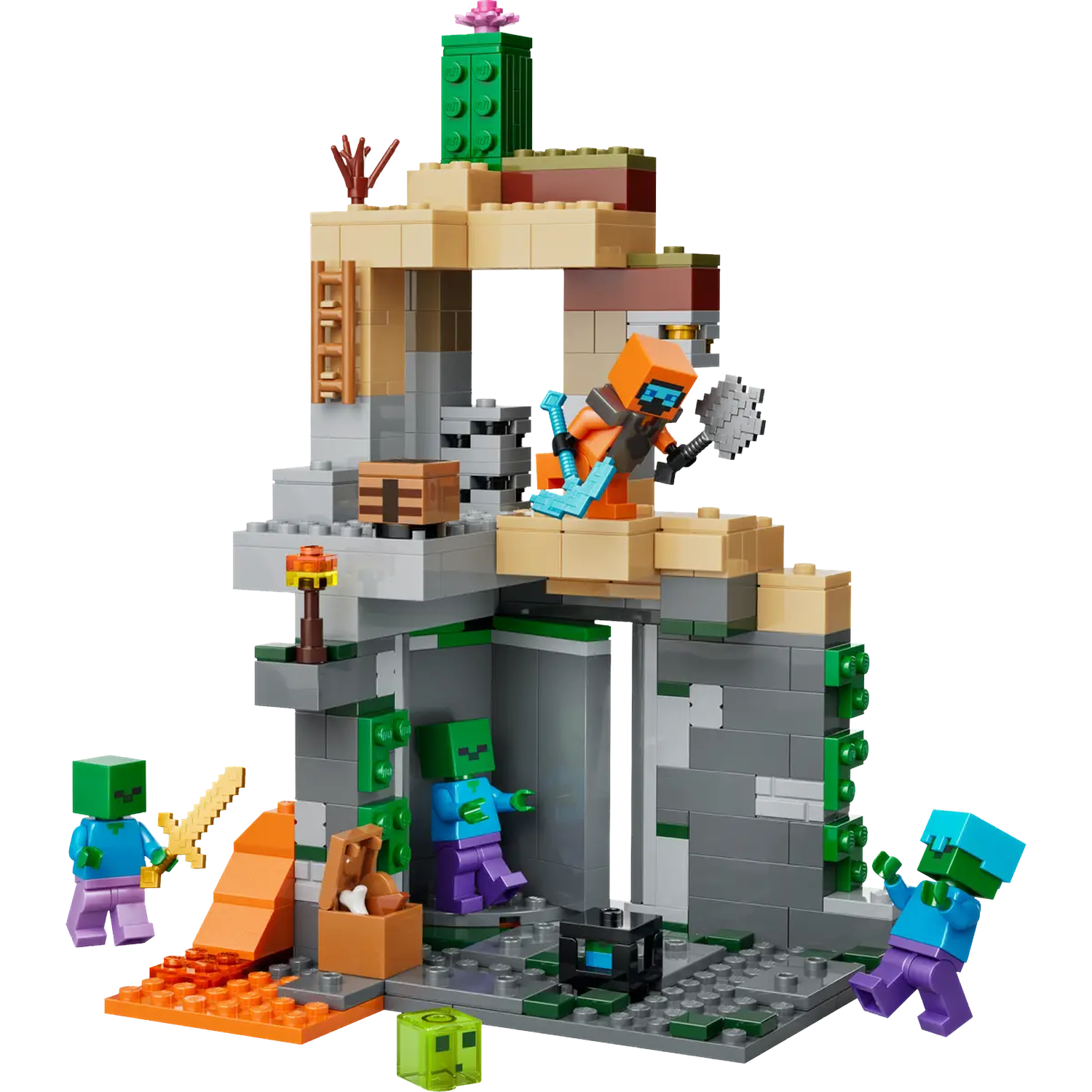 Minecraft Lego-set met personages en structuren. Bevat zombies, een ridder en diverse bouwelementen. Heldere kleuren en gedetailleerd ontwerp.