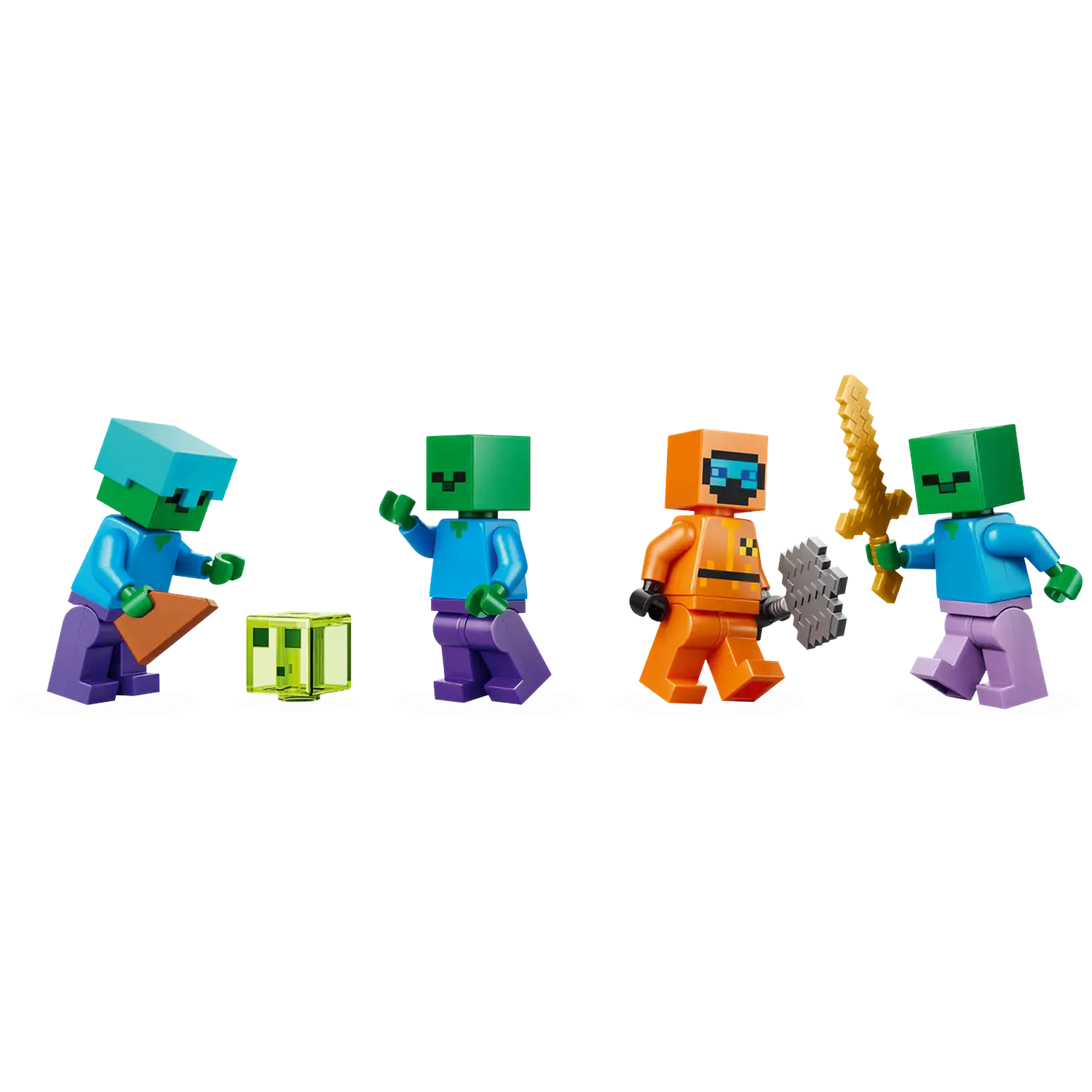 Vier Minecraft-figuren: een zombie, een slijm, een oranje figuur met een zaag en een groene zombie met een zwaard. Allemaal op een witte achtergrond.