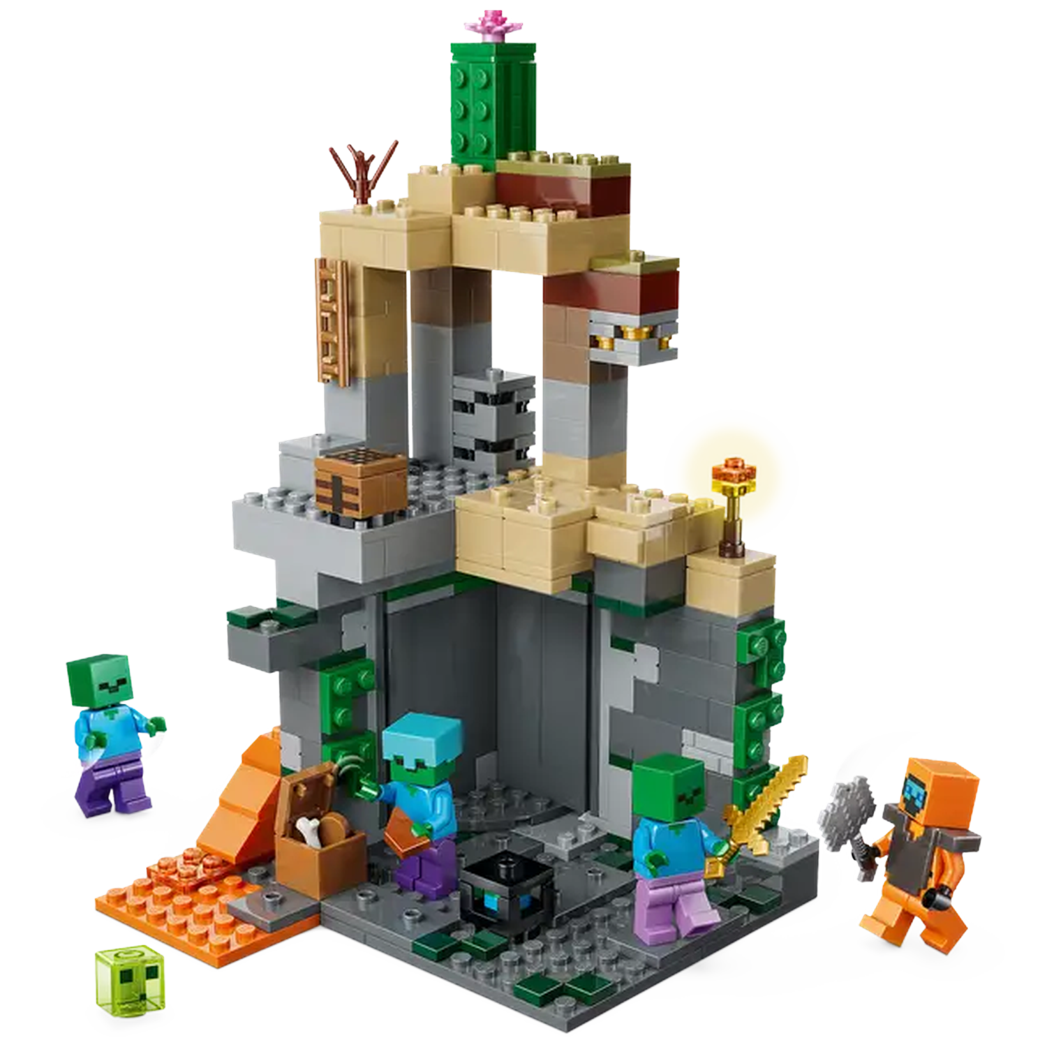 Minecraft Lego-set. Bevat een structuur met figuren van zombies, een ridder en een slijm. Beschikt over een schatkist.