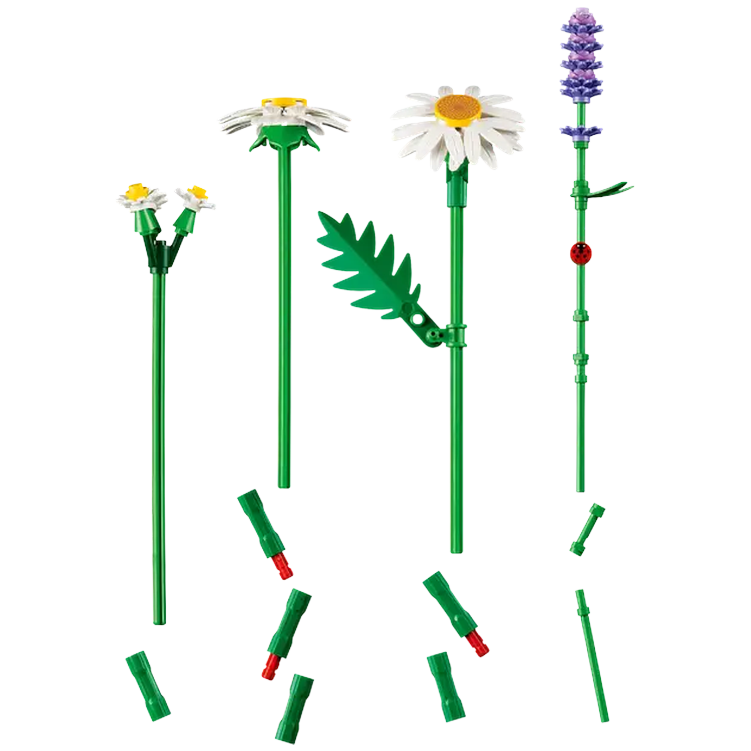 Vier speelgoedbloemen met groene stelen, witte en gele madeliefachtige bloemen en lavendel. Groene bladeren en losse stelen.