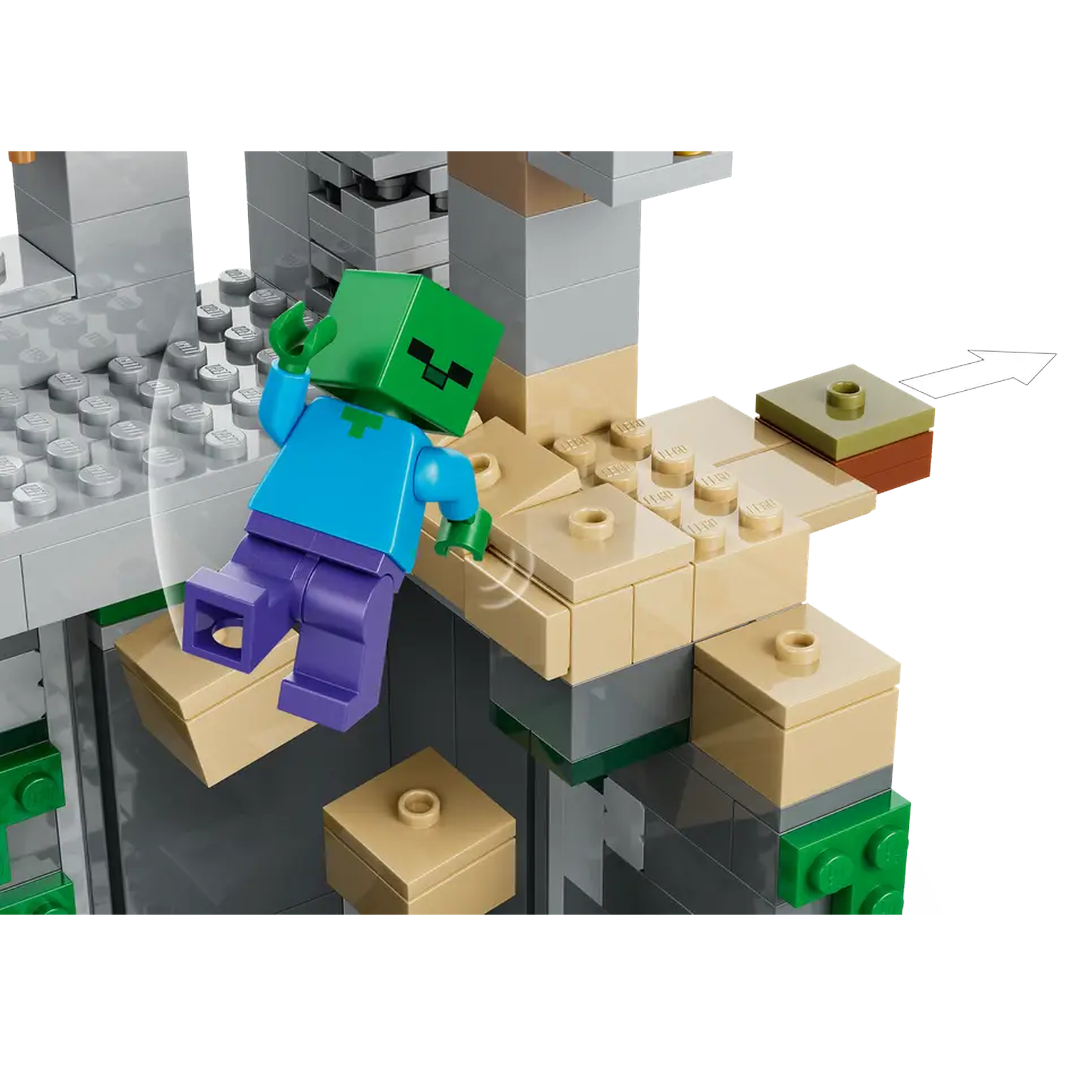 Een Minecraft Lego-figuur valt. Het heeft een groen hoofd, een blauw shirt en een paarse broek. De scène is een Lego-constructie.