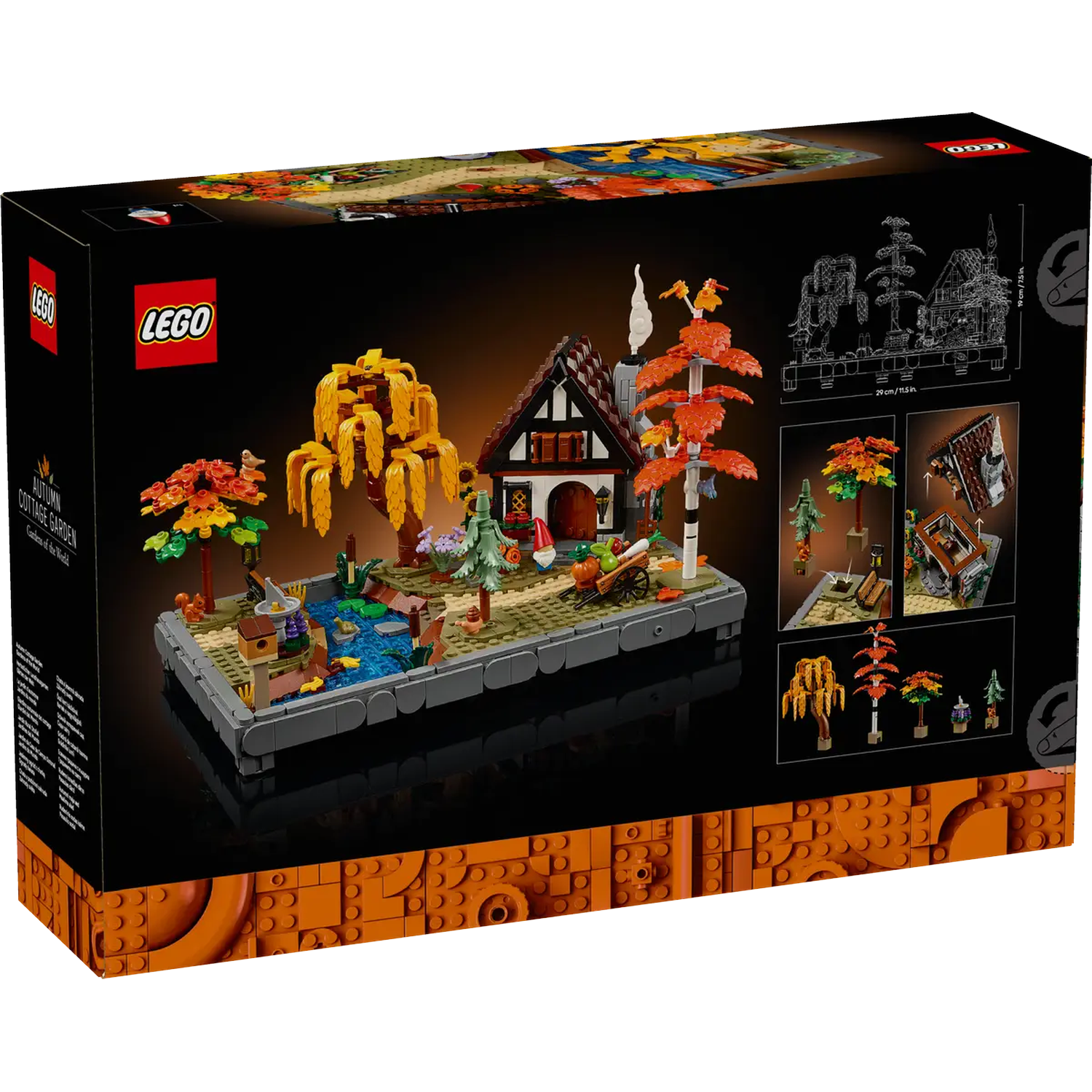 Lego box set, showing an autumn cottage garden with a house, trees, and a pond, with a black background.