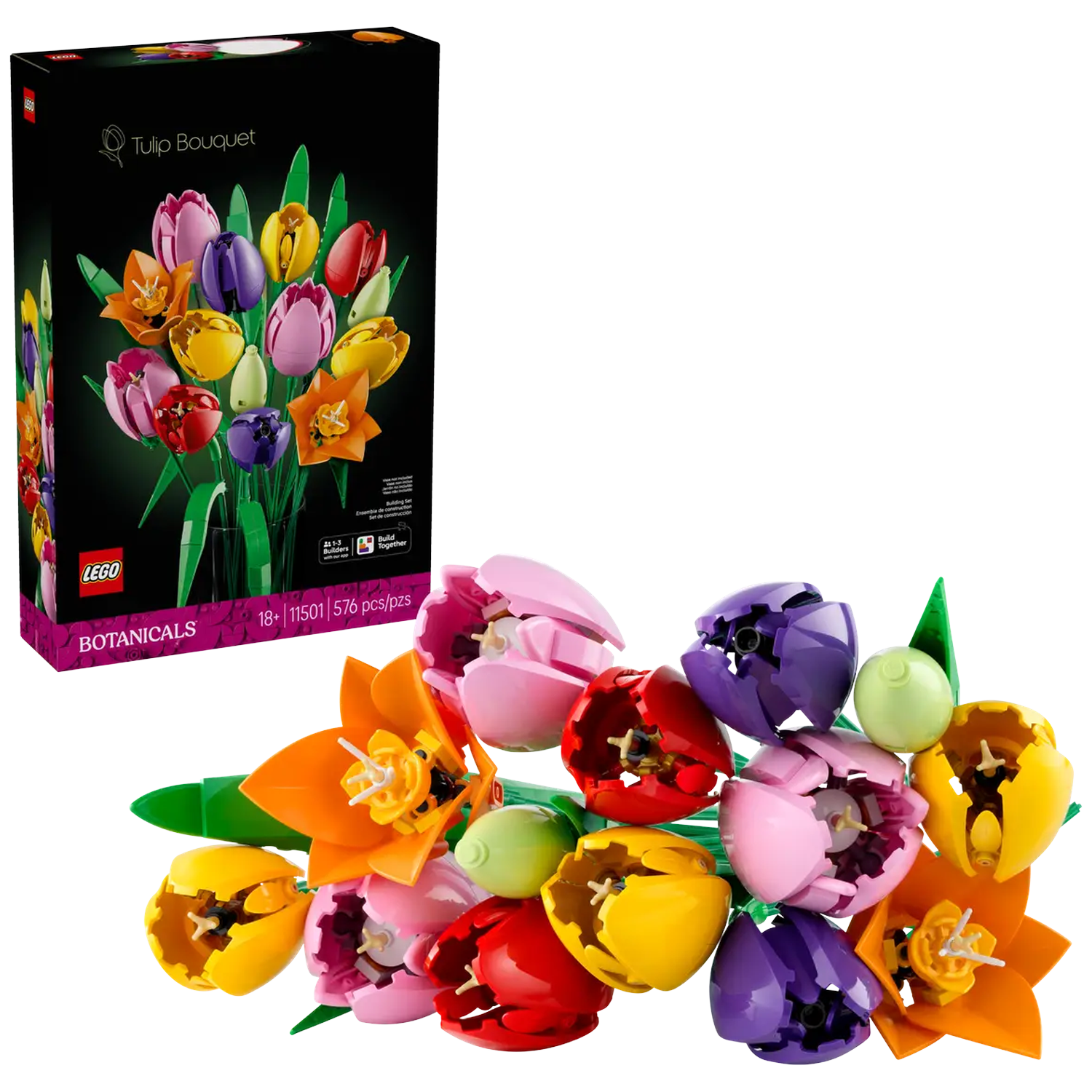 Een Lego Tulip Bouquet set. Bevat diverse kleurrijke plastic tulpen, bladeren en een doos met de afbeelding van de set.